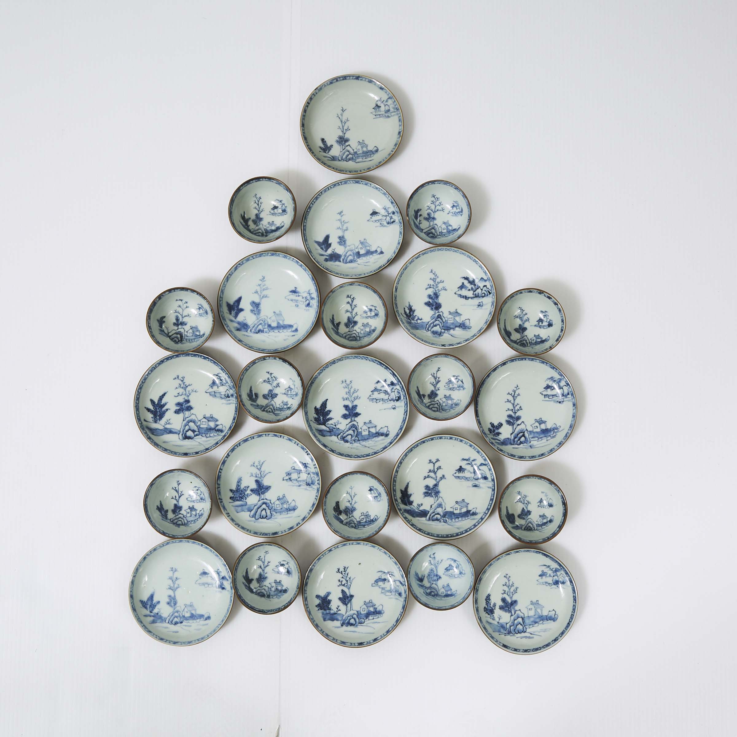 A Set of Twenty-Four 'Batavian Pavilion' Pattern Teabowls and Saucers from the Nanking Cargo, Qianlong Period, Circa 1750