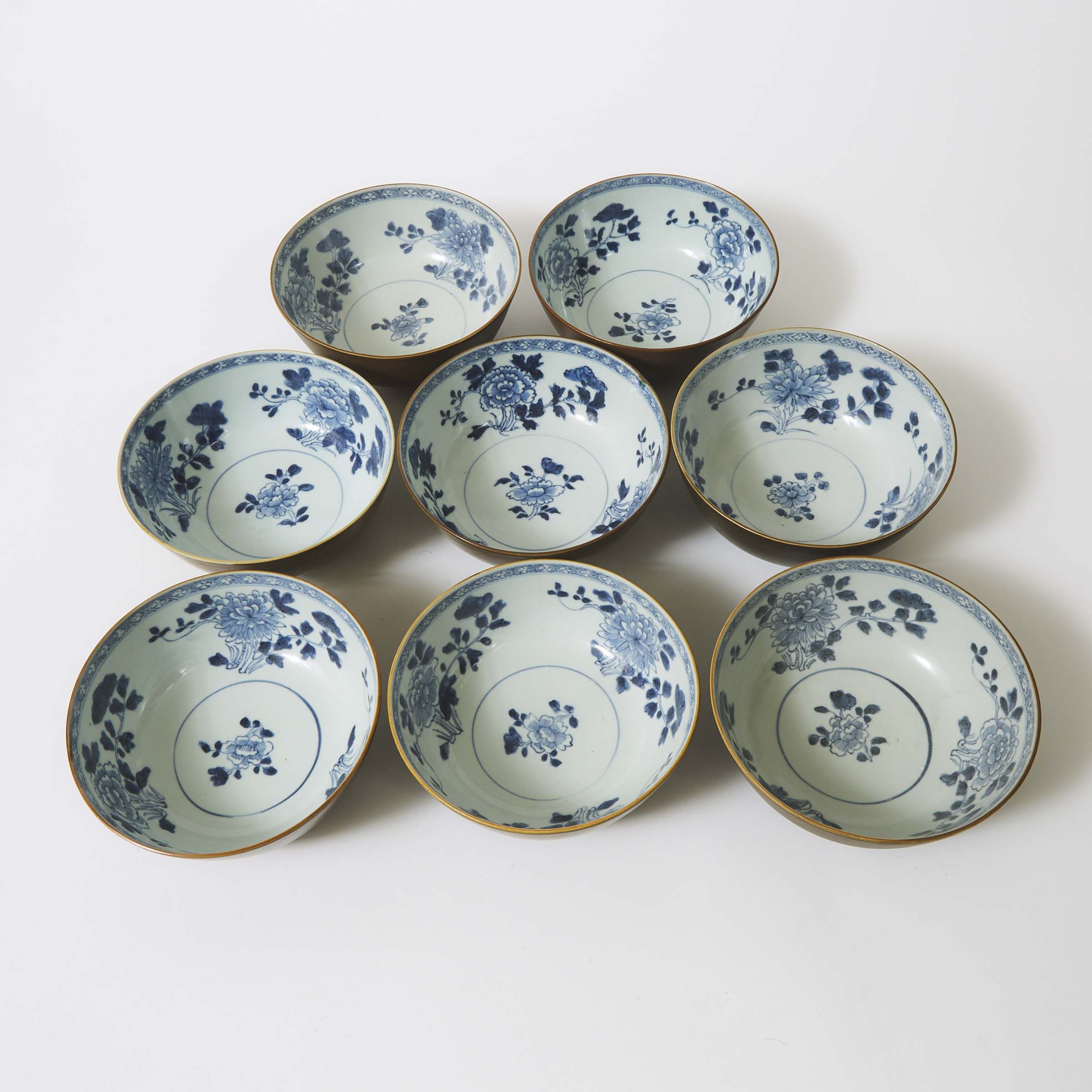 A Set of Eight 'Batavian' Floral Large Bowls from the Nanking Cargo, Qianlong Period, Circa 1750
