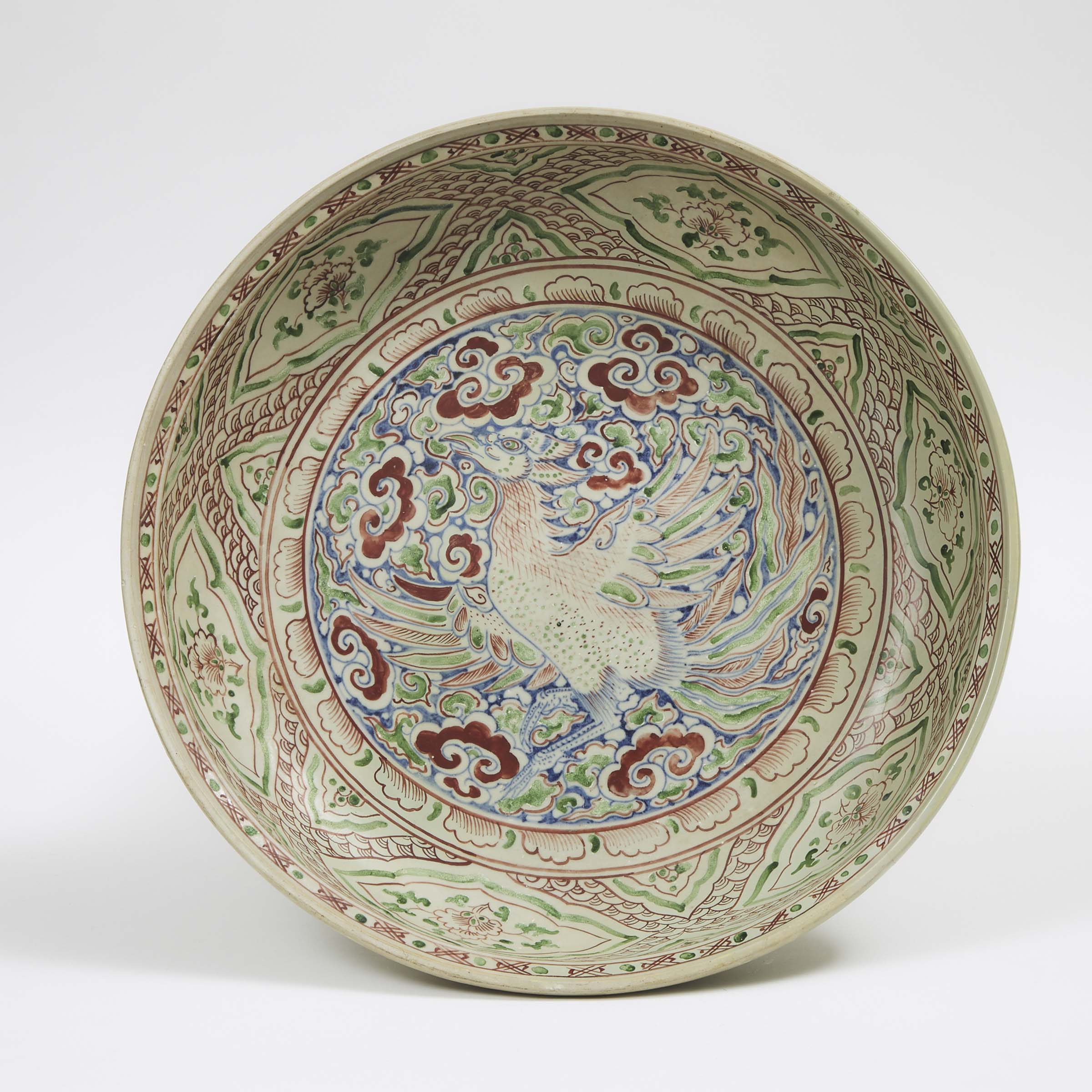 A Large Polychrome Ceramic 'Bird and Clouds' Charger, Vietnam, 15th/16th Century