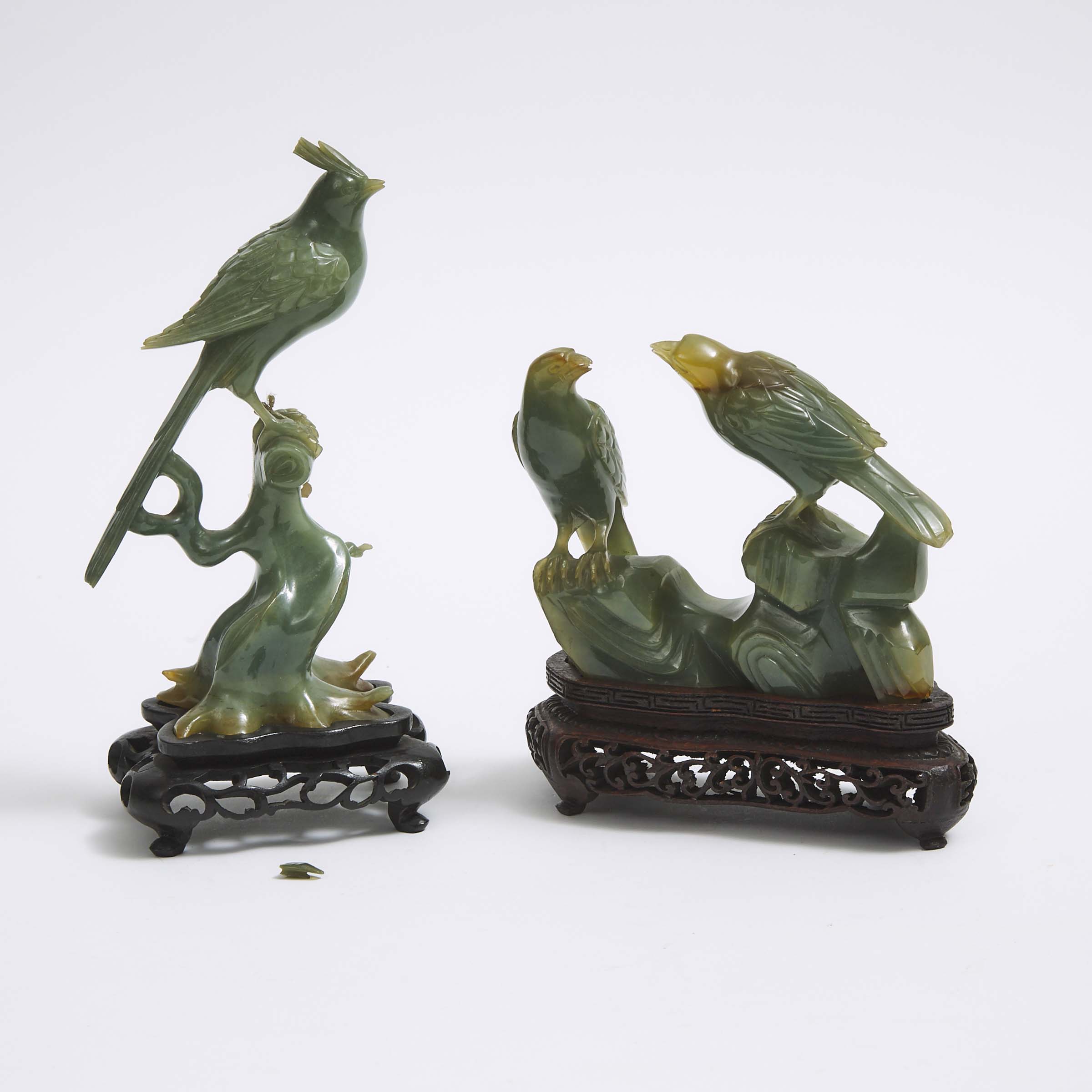 Two Green Jadeite Carvings of Birds