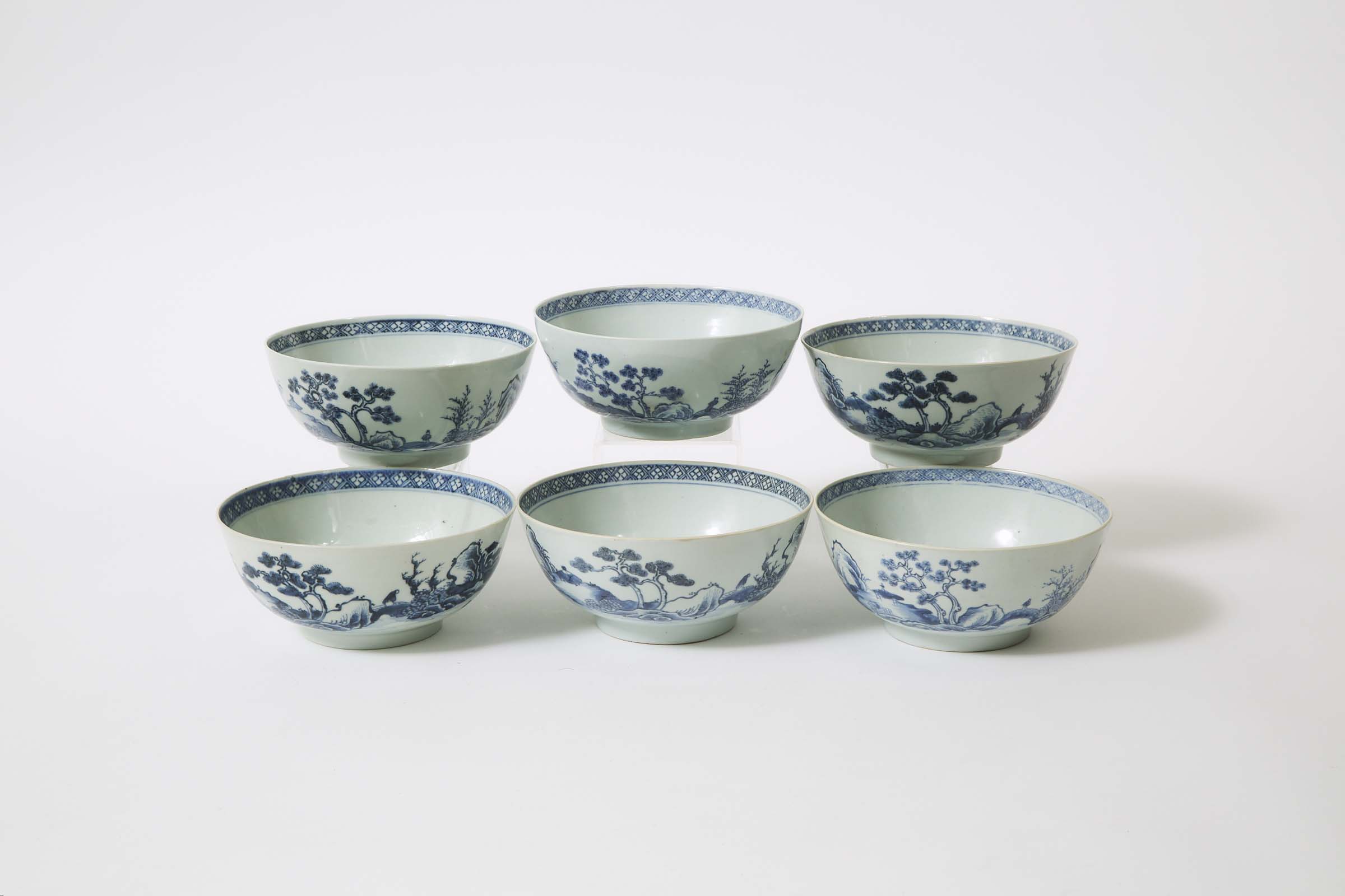 A Set of Six 'Scholar on Bridge' Pattern Large Bowls from the Nanking Cargo, Qianlong Period, Circa 1750
