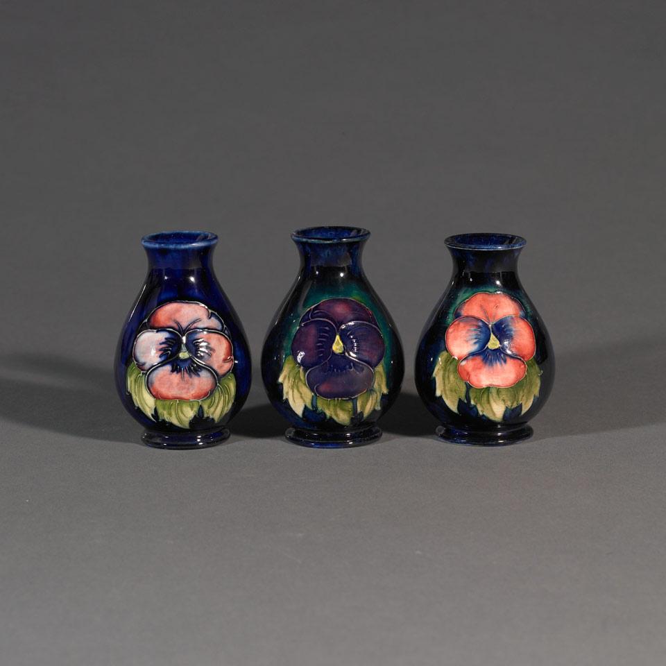 Three Moorcroft Pansy Vases, c.1935-55