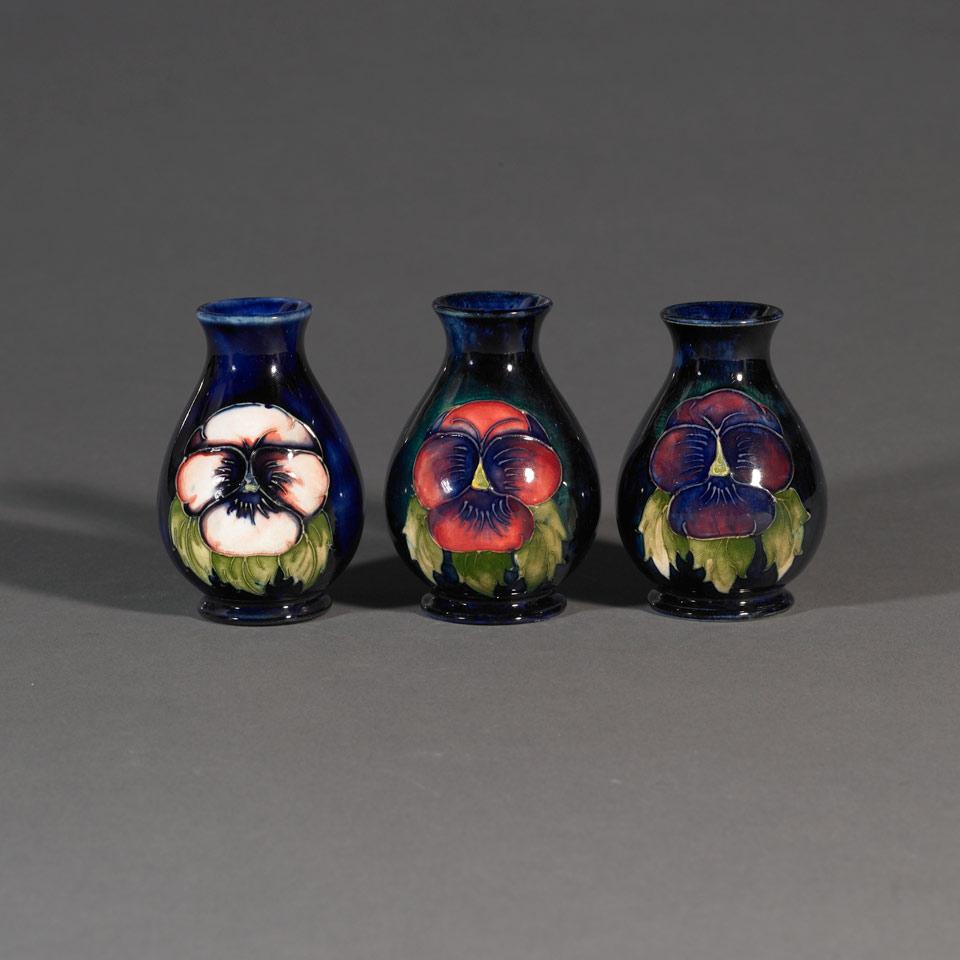 Three Moorcroft Pansy Vases, c.1935-55