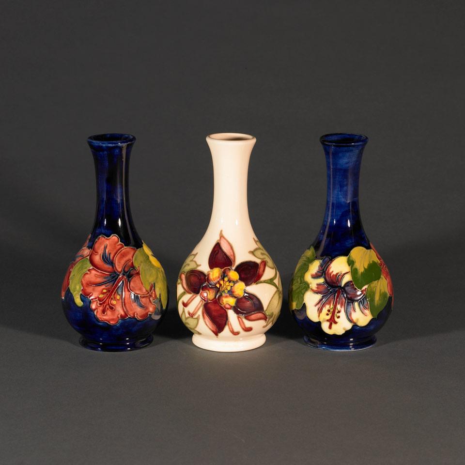 Moorcroft Columbine Vase and Two Hibiscus Vases, 1980’s