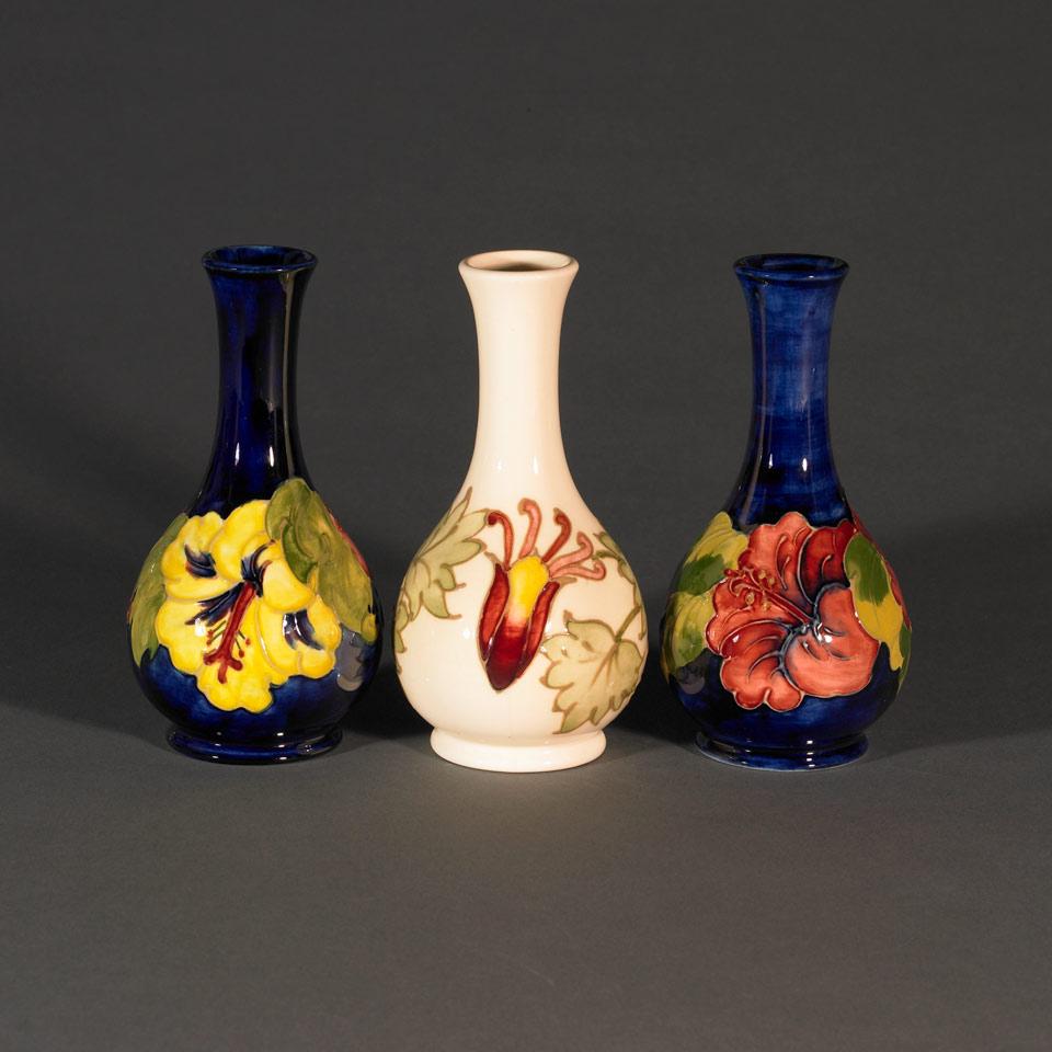 Moorcroft Columbine Vase and Two Hibiscus Vases, 1980’s