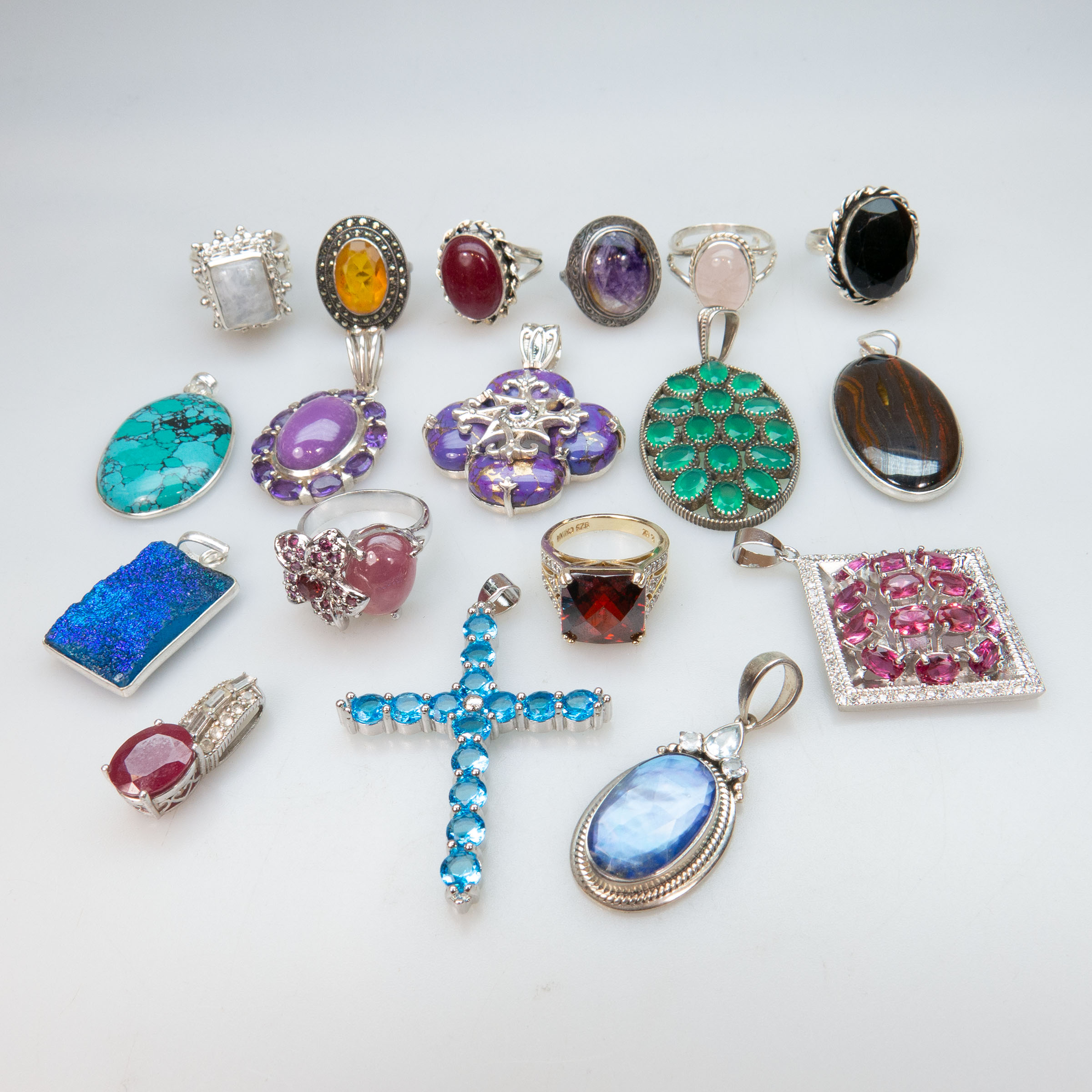 10 Sterling Silver Pendants And 8 Sterling Silver Rings