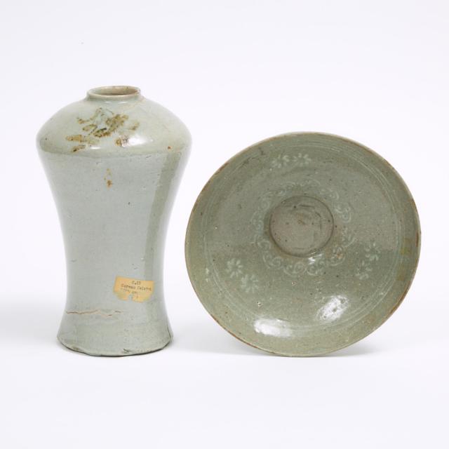 A Celadon Stoneware Bowl, together with a Vase, Goryeo Dynasty or Later