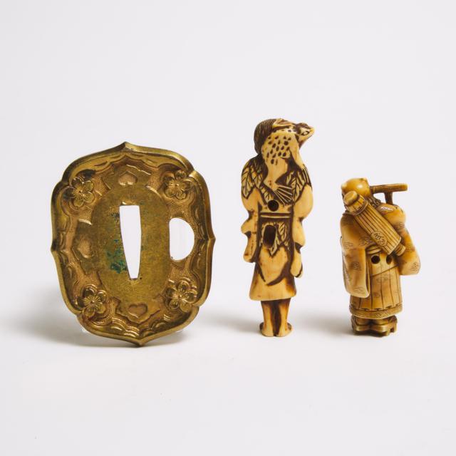 Two Ivory Carved Netsuke, Meiji Period, together with a Gilt Metal Tsuba
