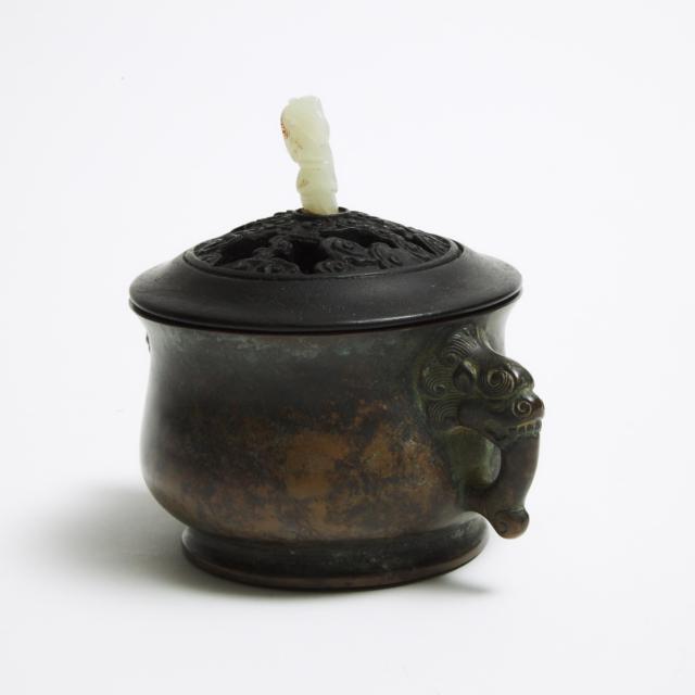 A Bronze Gui-Form Incense Burner with Jade Finial, Xuande Mark