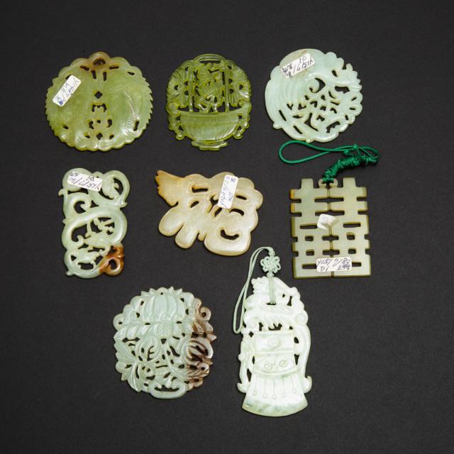A Group of Eight Jade and Hardstone Carved Plaques