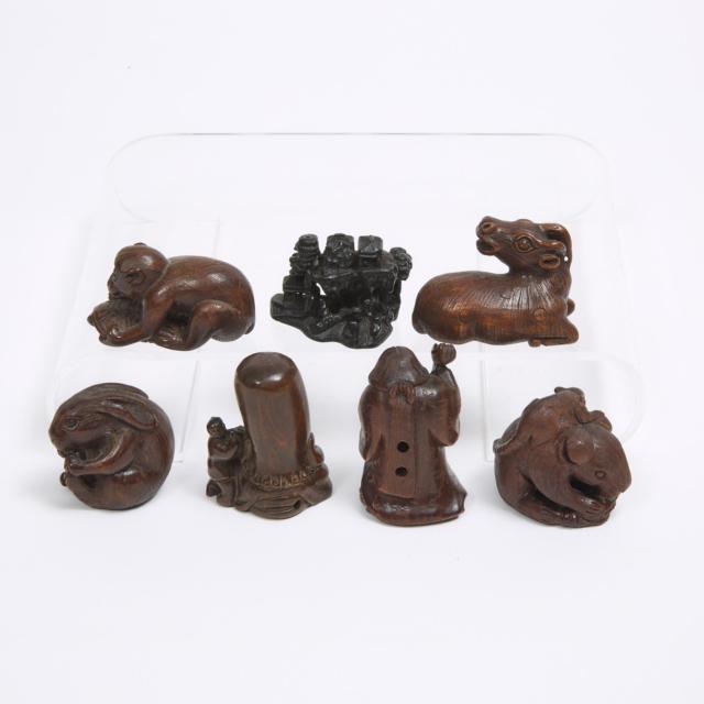 A Group of Seven Wood Netsuke, Meiji Period and Later