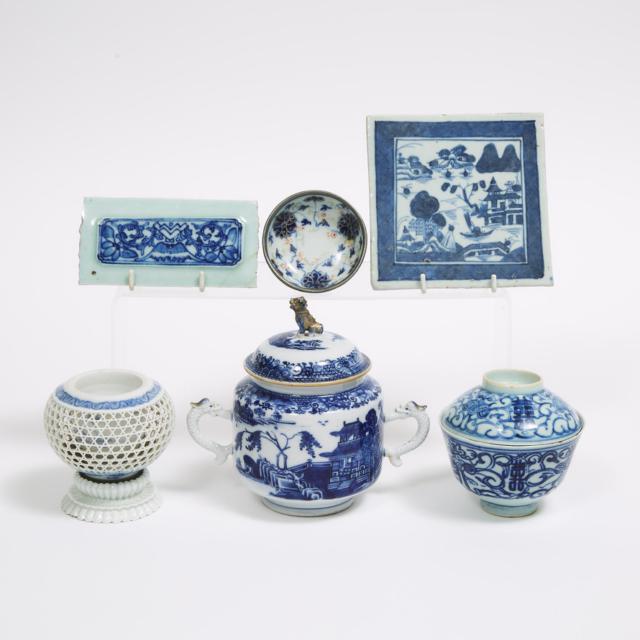 A Group of Six Blue and White Porcelain Wares, 19th Century and Later