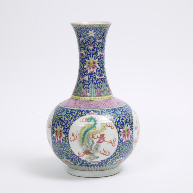 A Famille Rose 'Dragon and Phoenix' Bottle Vase, Qianlong Mark