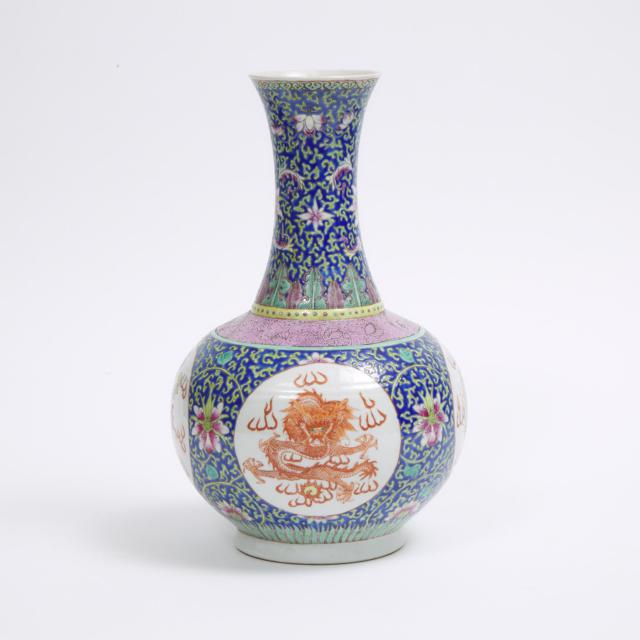 A Famille Rose 'Dragon and Phoenix' Bottle Vase, Qianlong Mark
