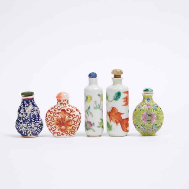 A Group of Five Porcelain Snuff Bottles