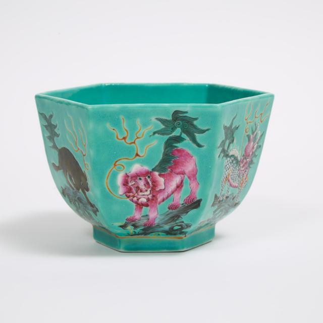 A Hexagonal Famille Rose Turquoise Ground 'Mythical Beasts' Bowl, Jiaqing Mark