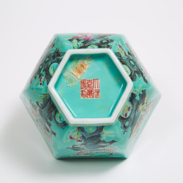 A Hexagonal Famille Rose Turquoise Ground 'Mythical Beasts' Bowl, Jiaqing Mark