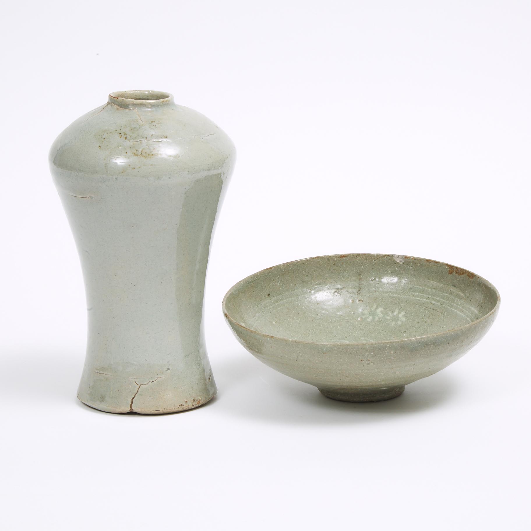 A Celadon Stoneware Bowl, together with a Vase, Goryeo Dynasty or Later