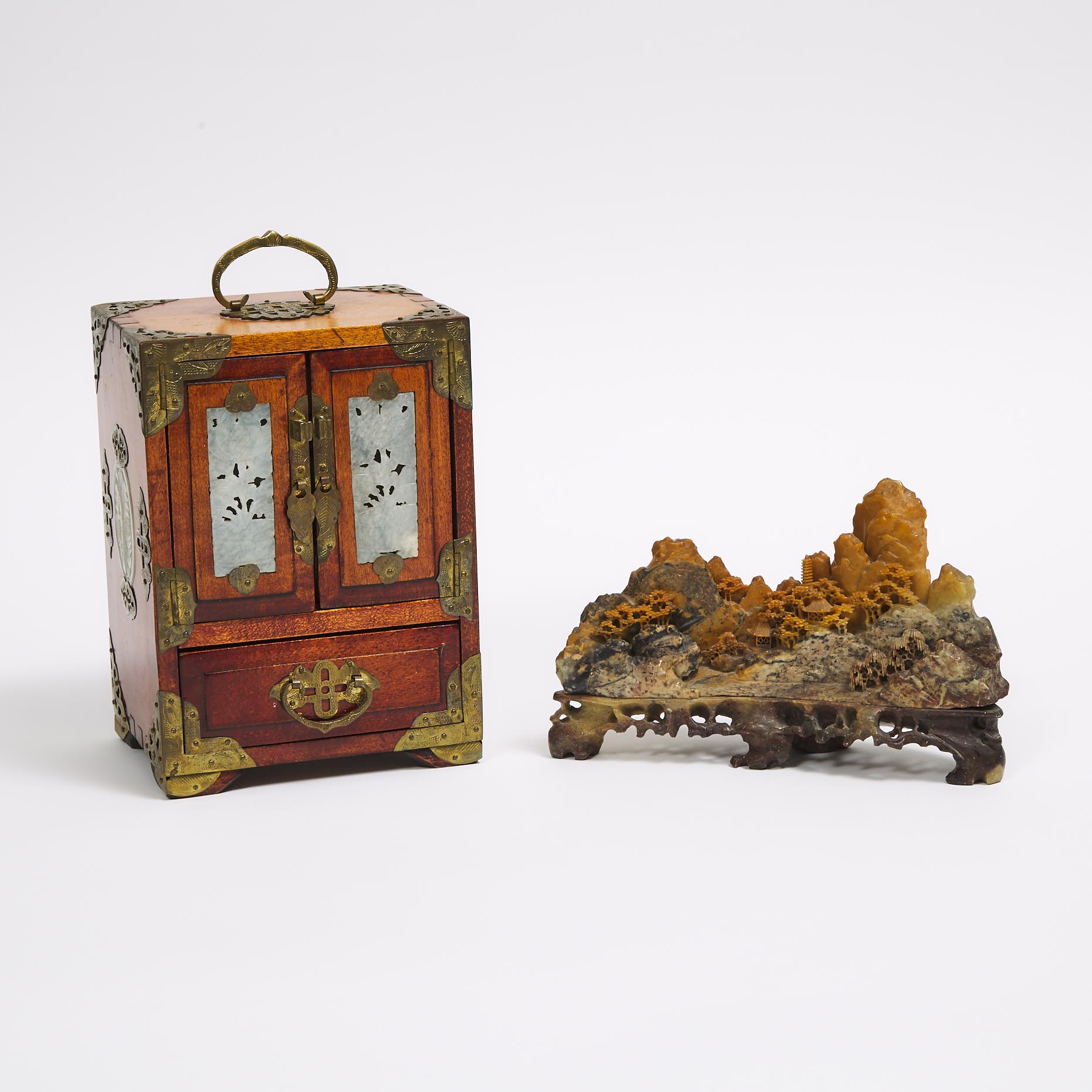 A Hardstone Inset Jewellery Box, together with a Soapstone Carving of a Landscape