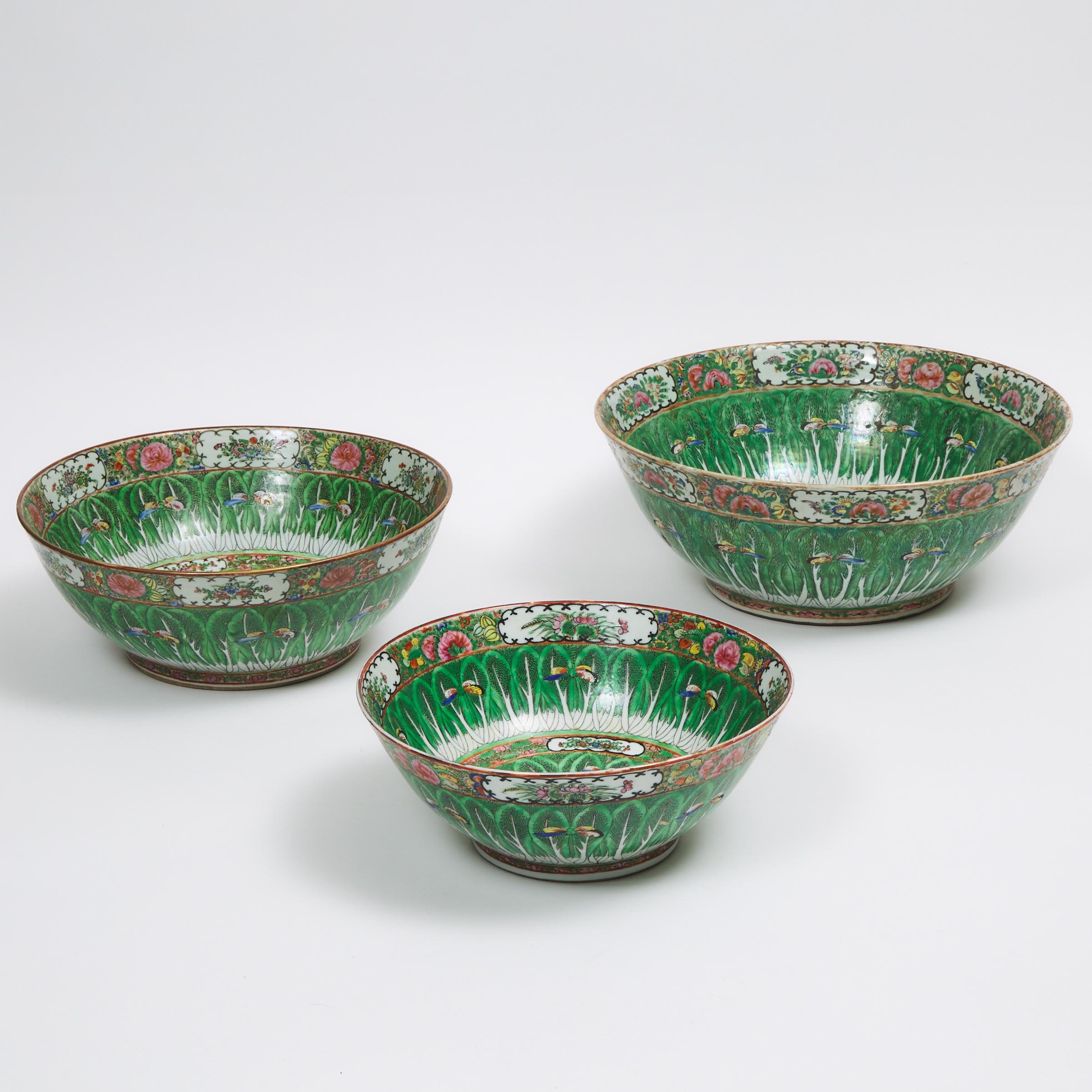 A Set of Three Large Canton Famille Rose 'Cabbage and Butterflies' Punch Bowls, 19th Century