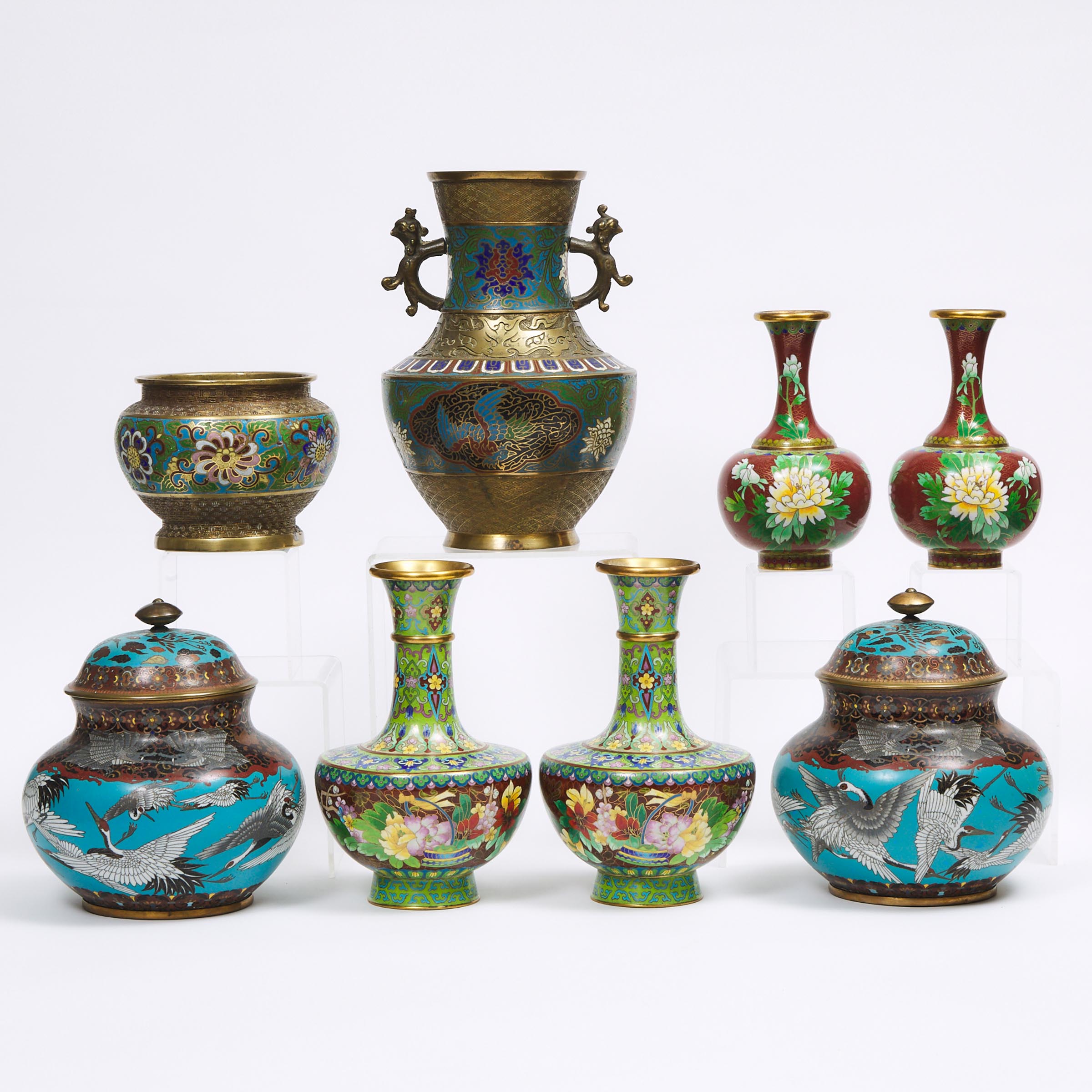 A Group of Eight Cloisonné Vessels