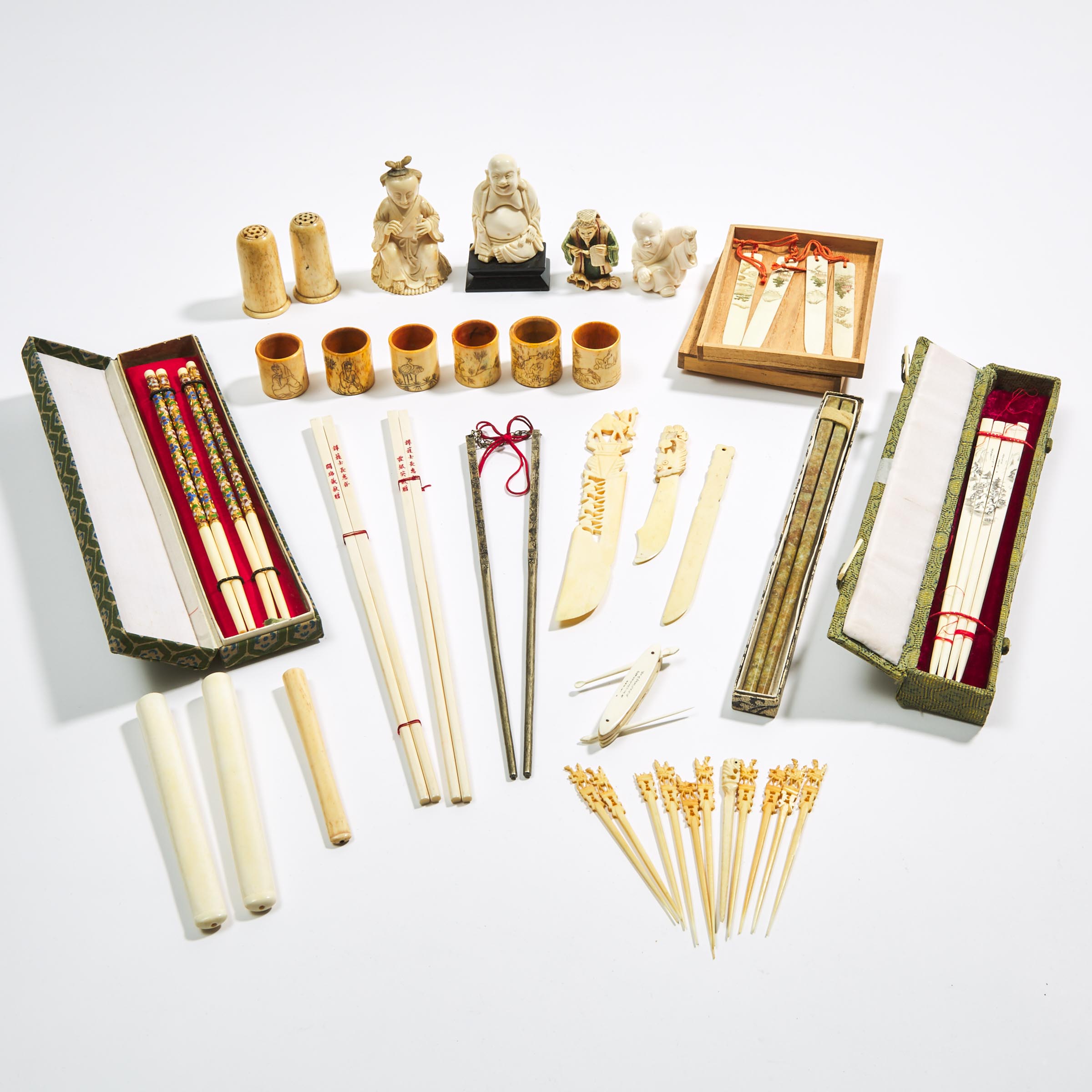 A Group of Thirty-Four Ivory and Bone Carved Objects, together with Eight Pairs of Chopsticks