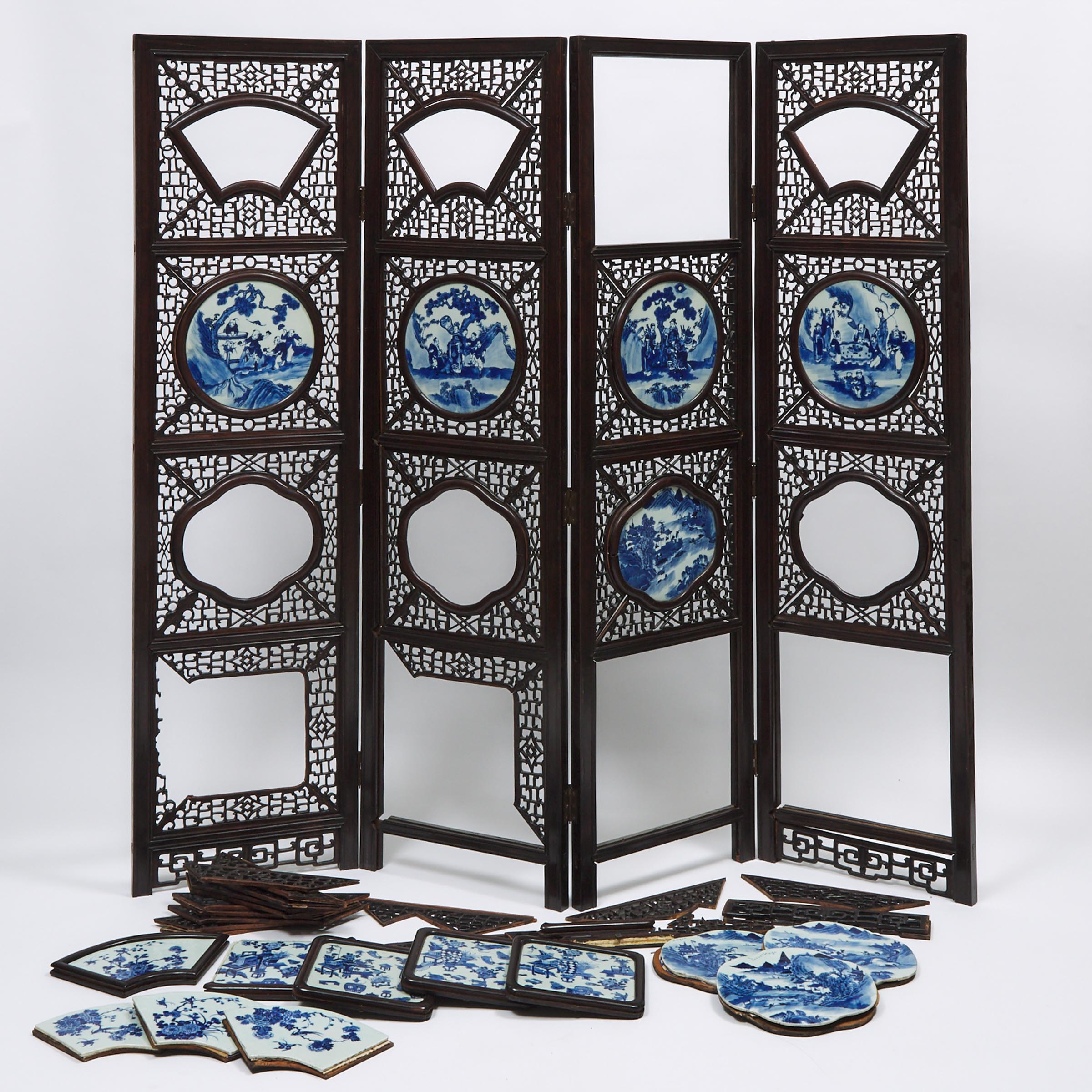 A Four-Panel Blue and White Porcelain Inlaid Wood Screen, Early 20th Century