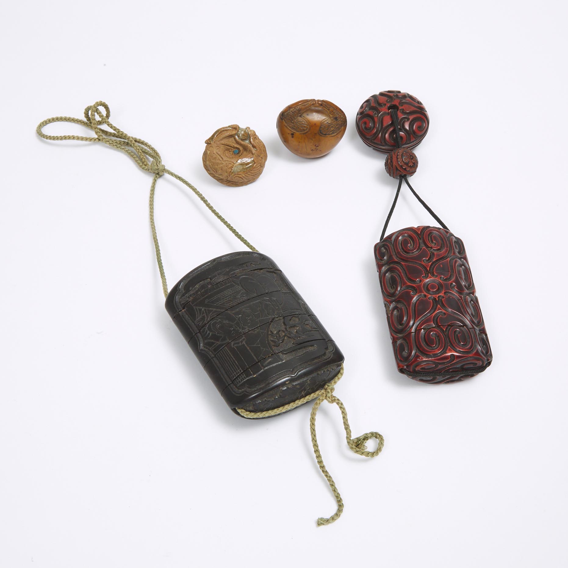 Two Lacquer Four-Case Inro, together with Two Mokugyo Netsuke, Meiji Period and Later