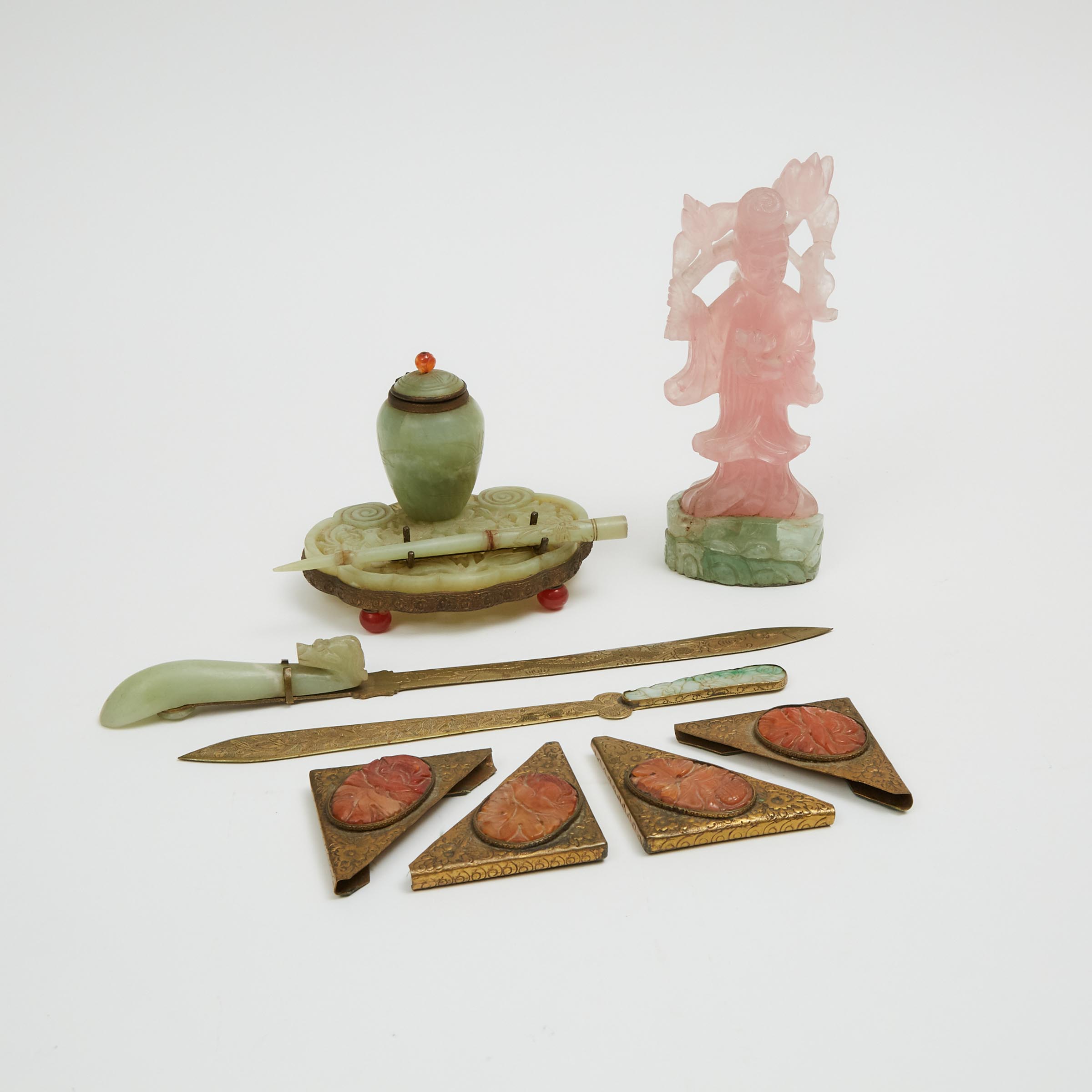 A Hardstone-Inset Stationery Set, together with a Rose Quartz Carved Figure