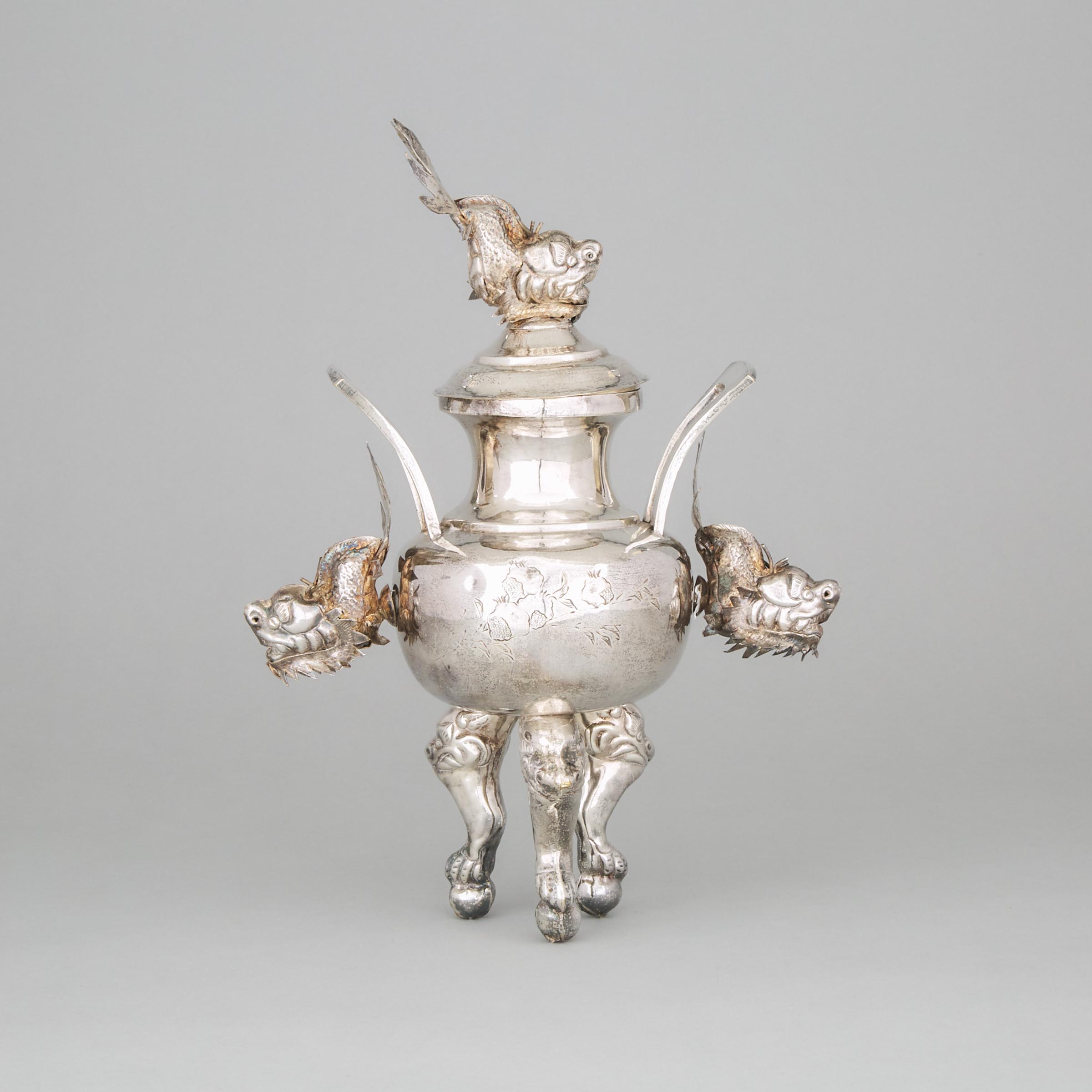 A Chinese Silvered Tripod Lidded Censer