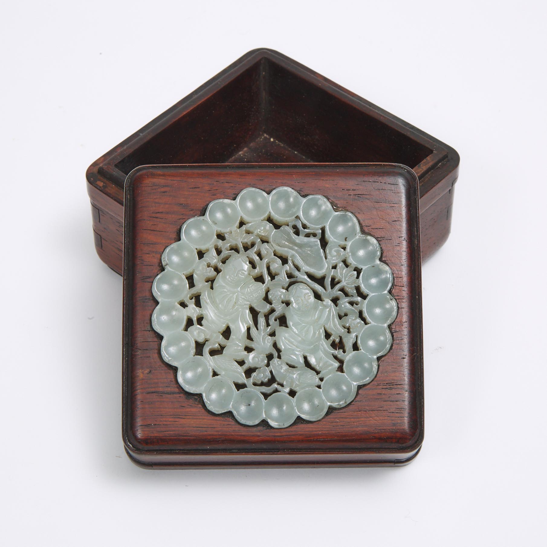 A Carved Jade 'Hehe Erxian' Plaque Inset Wood Box, 19th/20th Century
