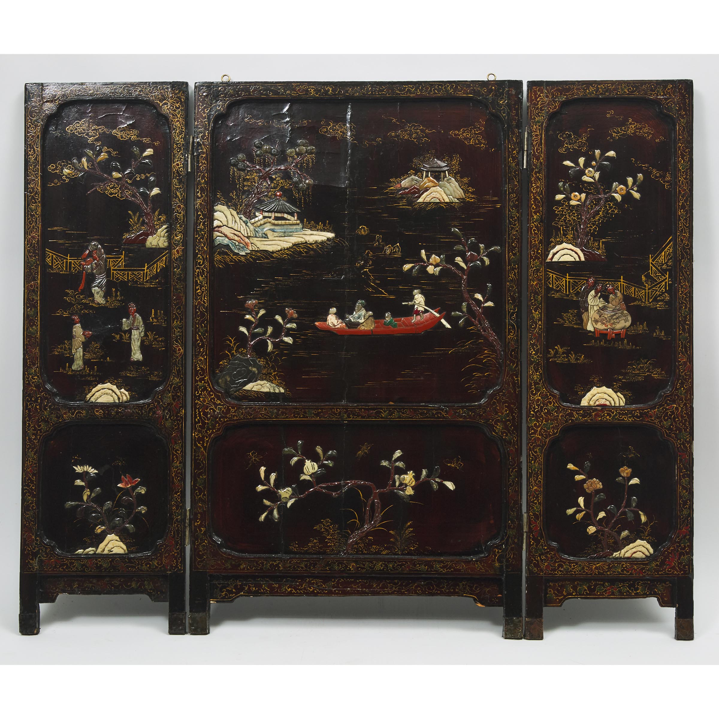 A Soapstone Inlaid Painted Lacquer Screen, Early 20th Century