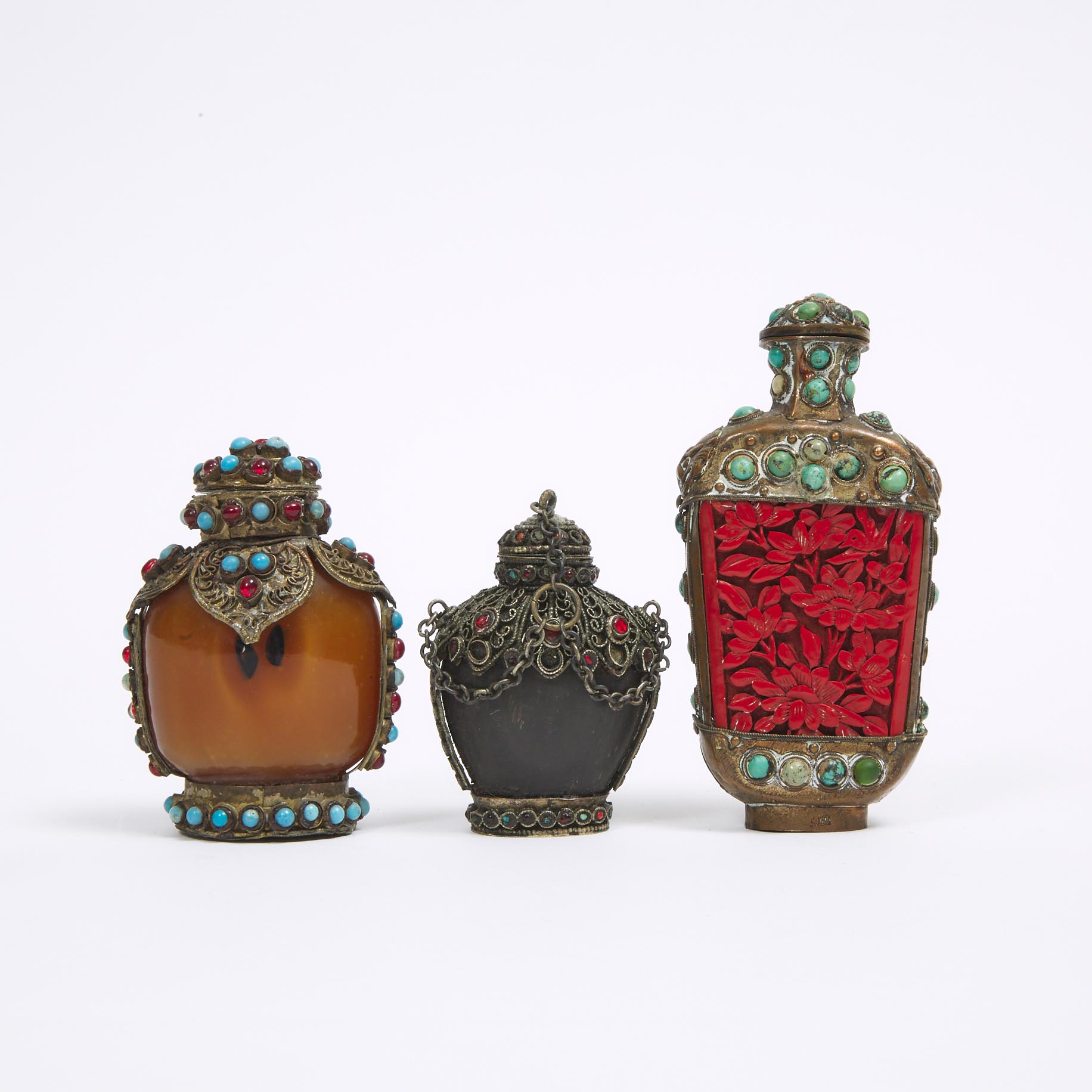 A Group of Three Metal-Mounted Snuff Bottles, Early 20th Century