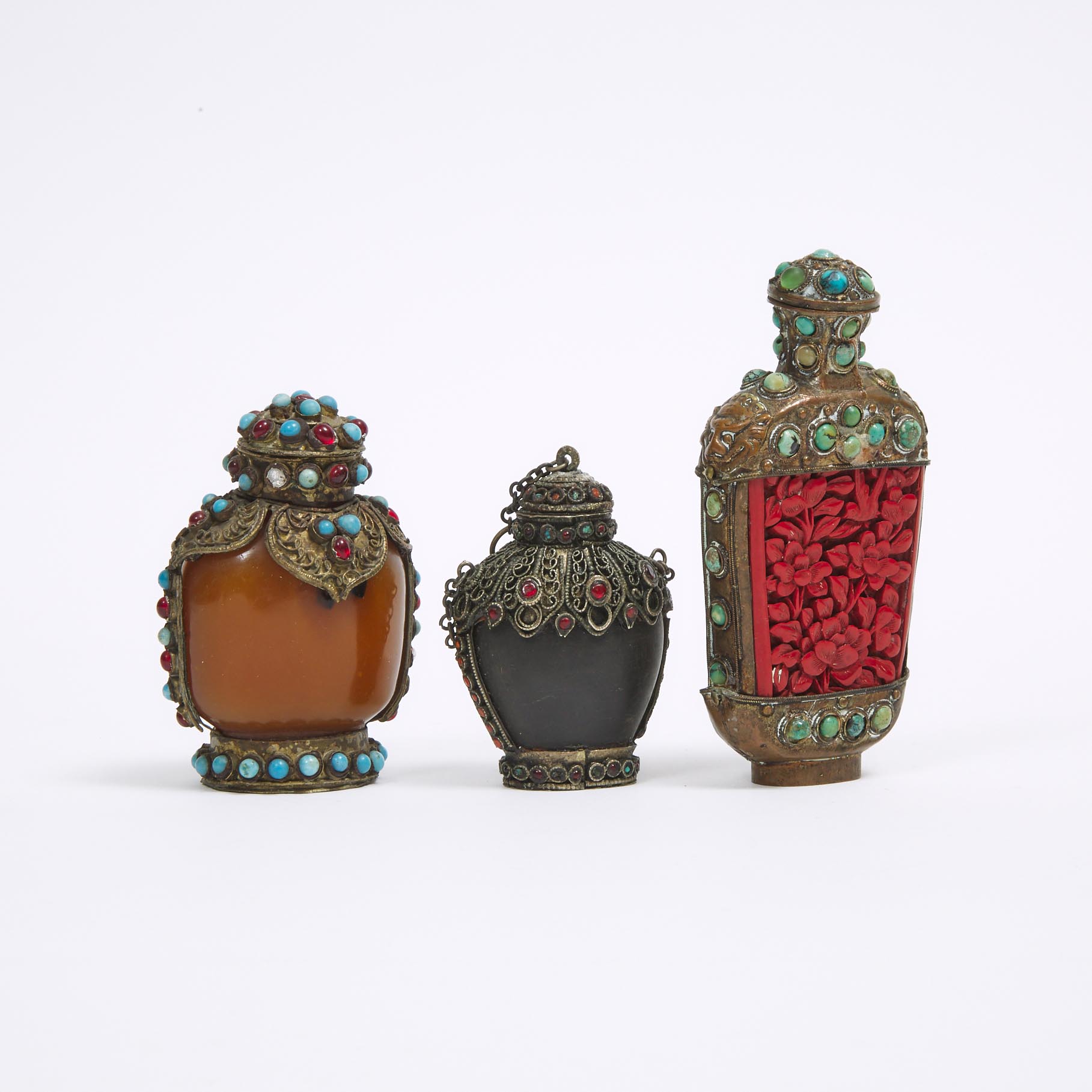 A Group of Three Metal-Mounted Snuff Bottles, Early 20th Century