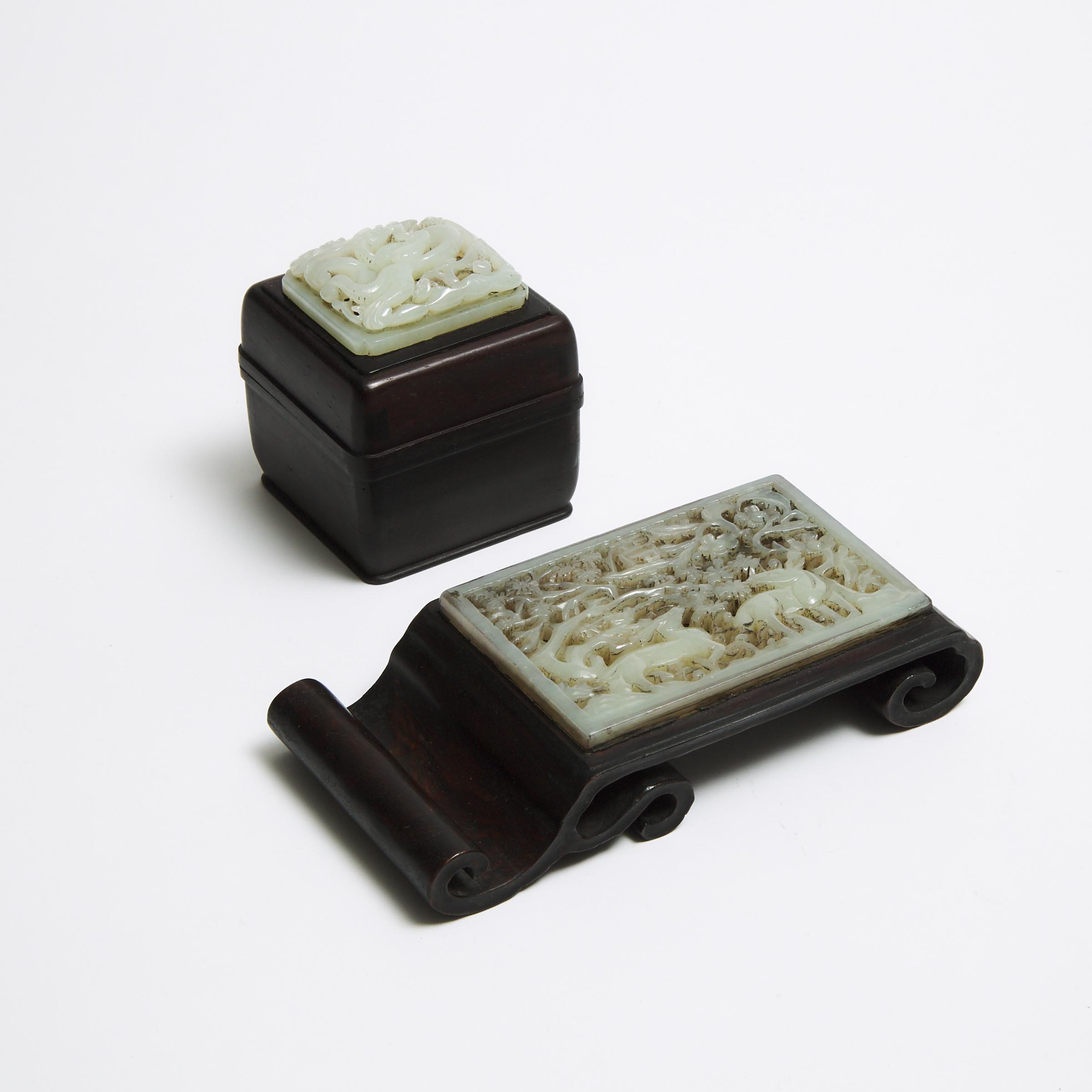 A Jade Inset Hardwood Ink Stand, together with a Jade Inset Hardwood Square Box and Cover