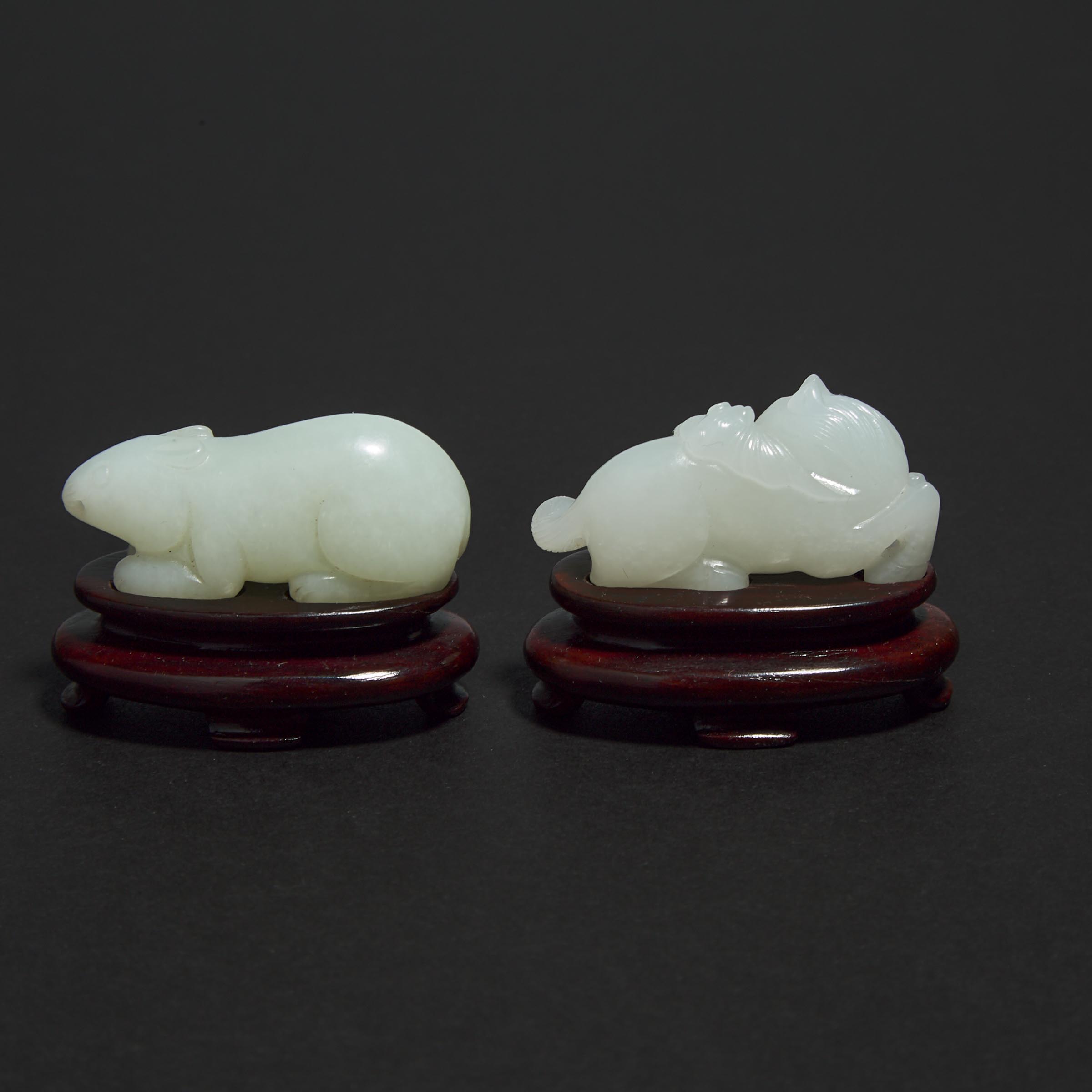 A White Jade 'Horse and Bat' Group, together with a White Jade Carving of a Cat