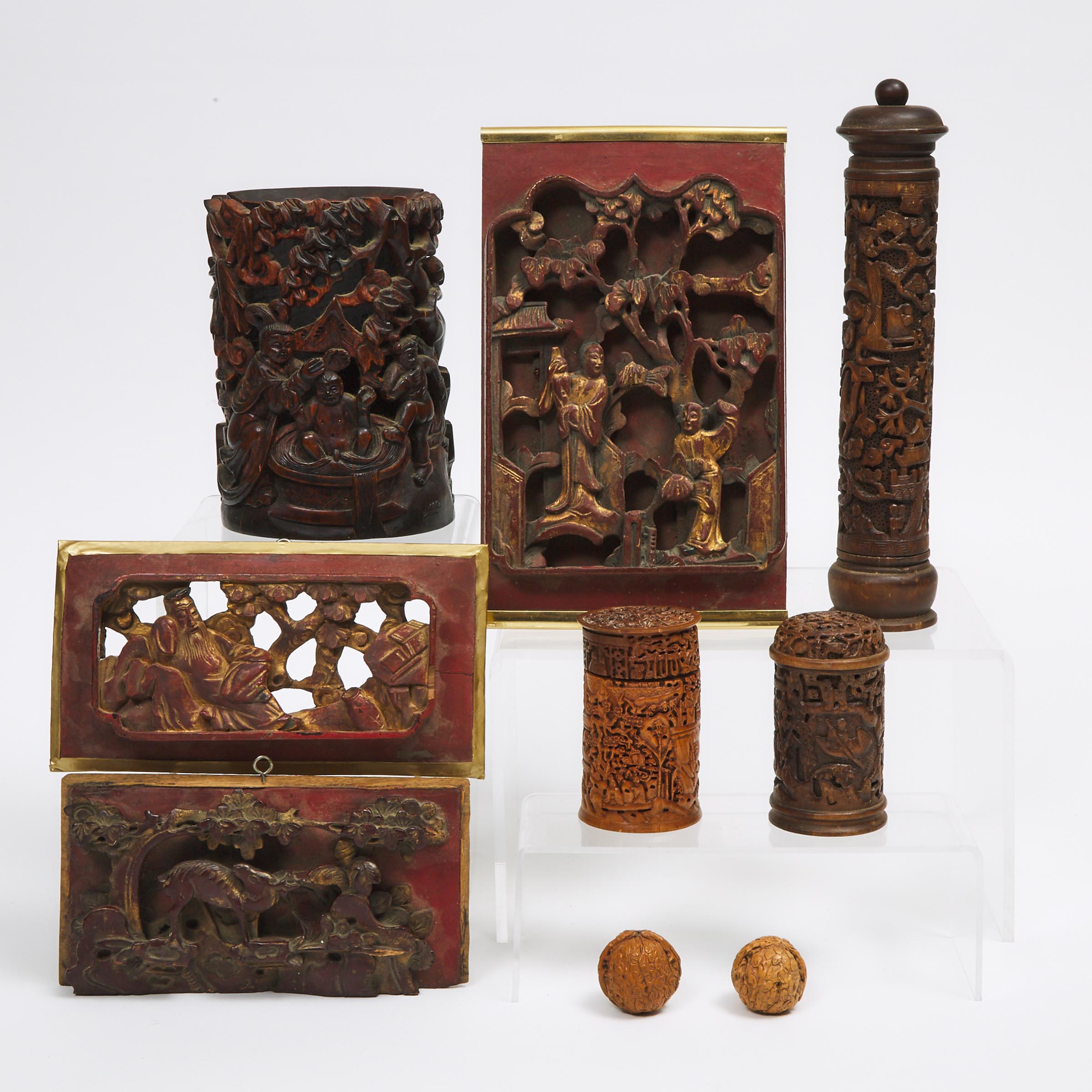 A Group of Seven Wood Carved Items, together with a Pair of Carved Walnuts