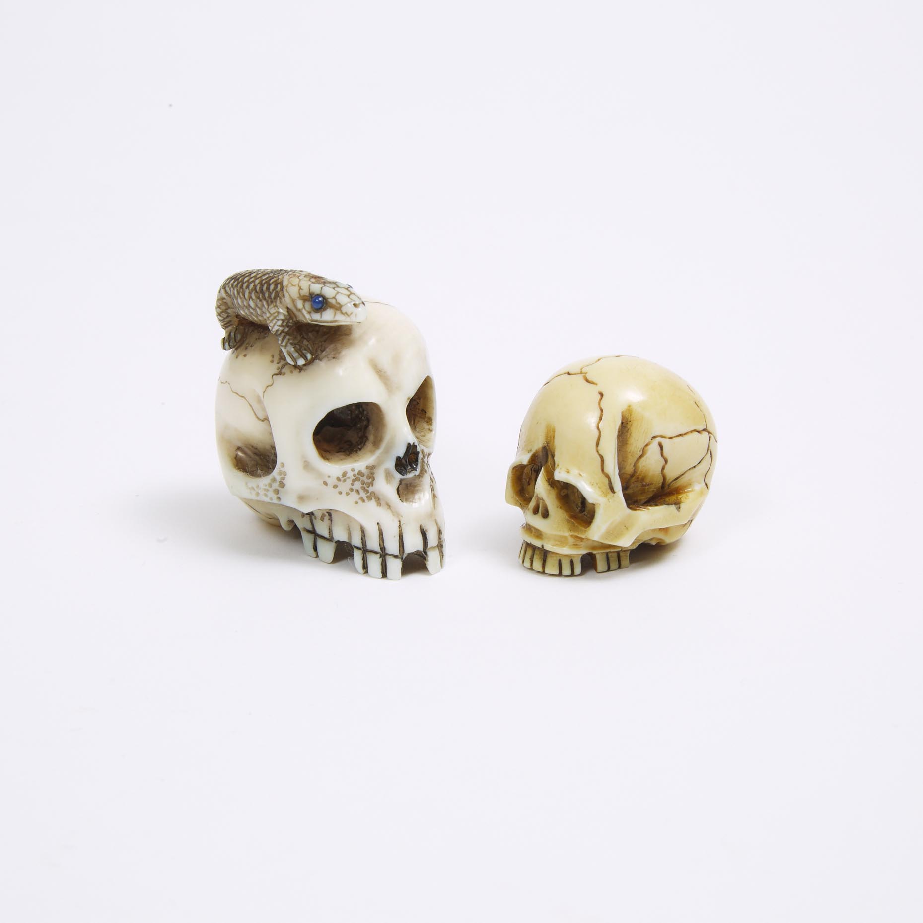 Two Ivory Netsuke of Skulls, Meiji Period