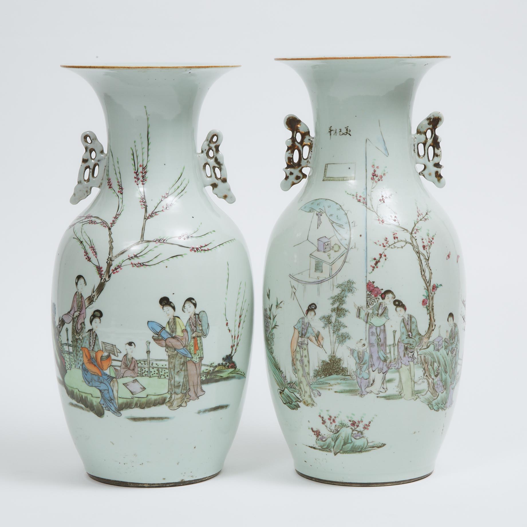 Two Polychrome Enameled Vases with Figures and Calligraphy, Republican Period