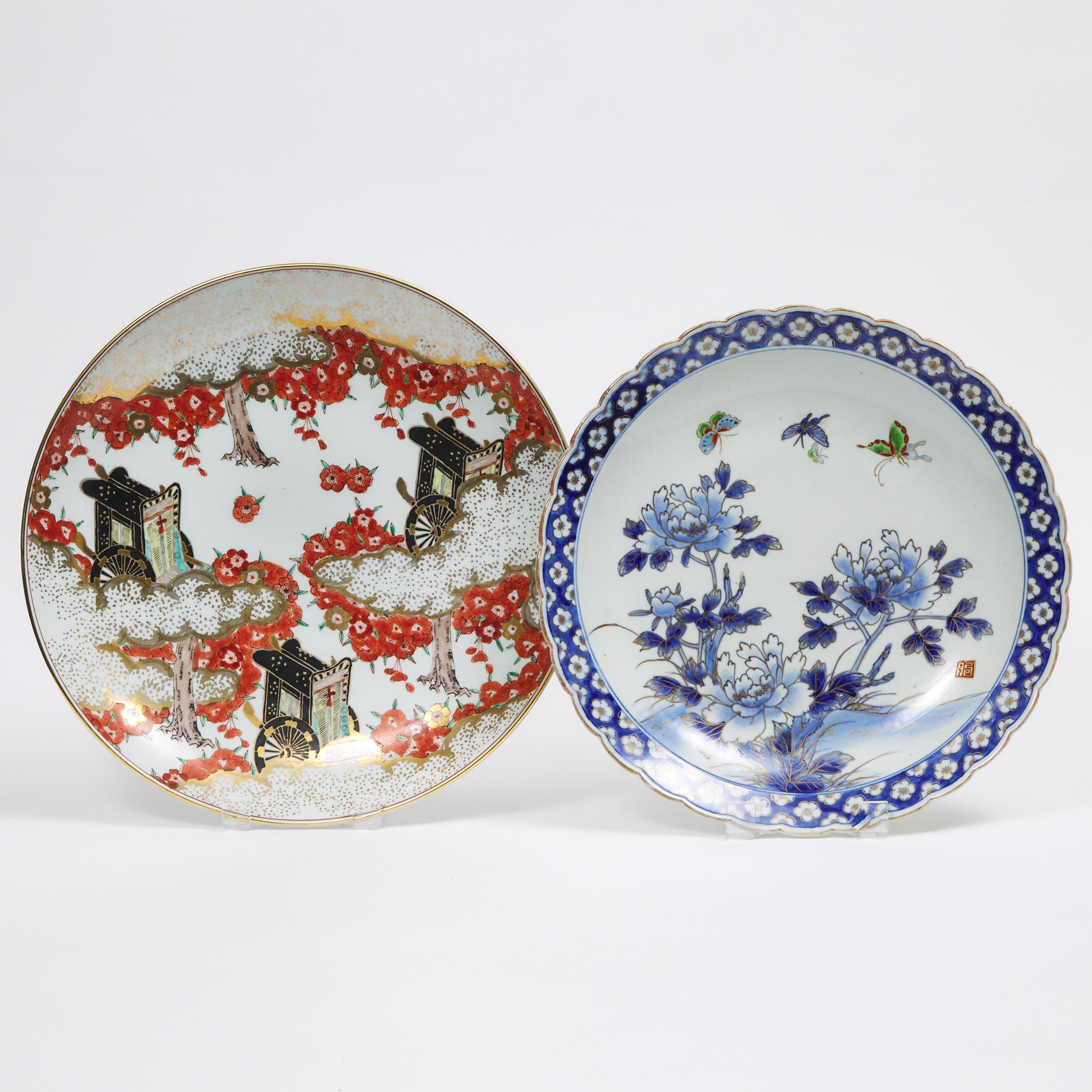 A Blue and White 'Butterflies and Peonies' Charger, Yamatoku Mark, together with an Enameled Charger with Rickshaws, Shuho Mark, 20th Century