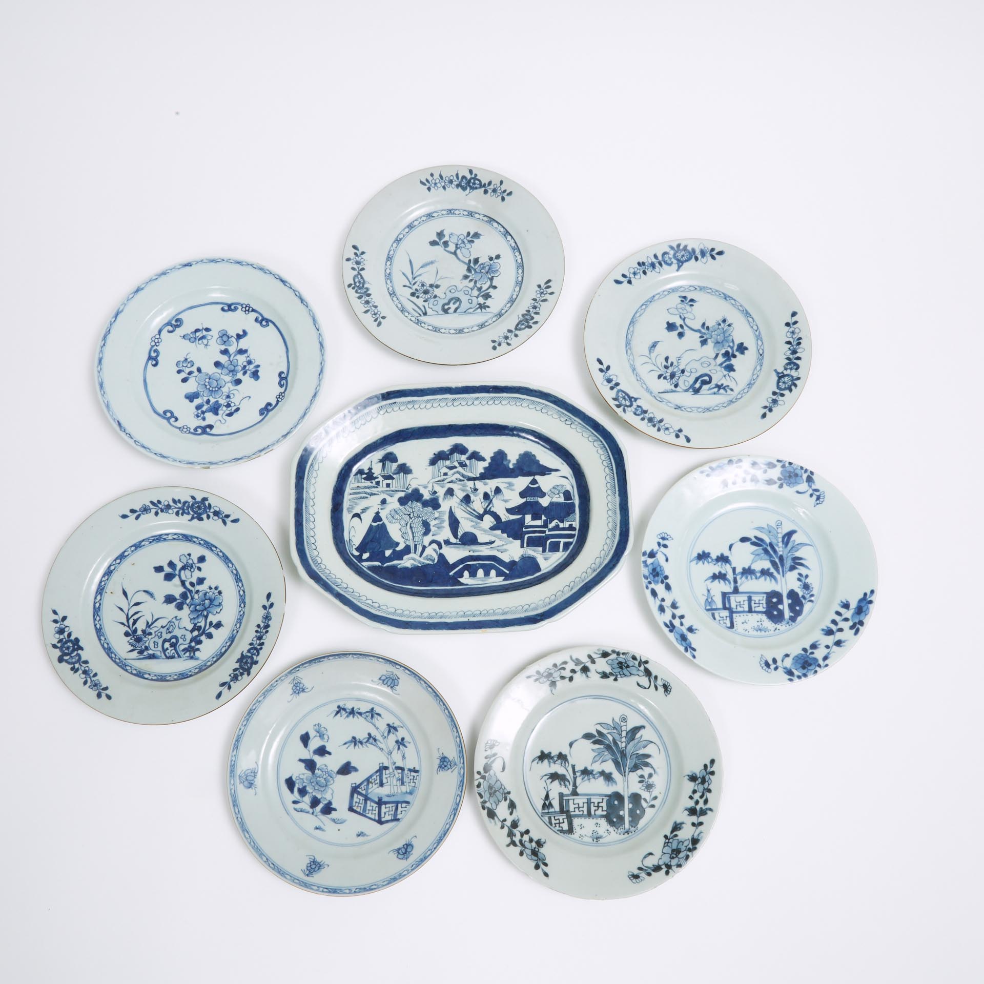A Group of Eight Chinese Export Blue and White Plates, 18th/19th Century