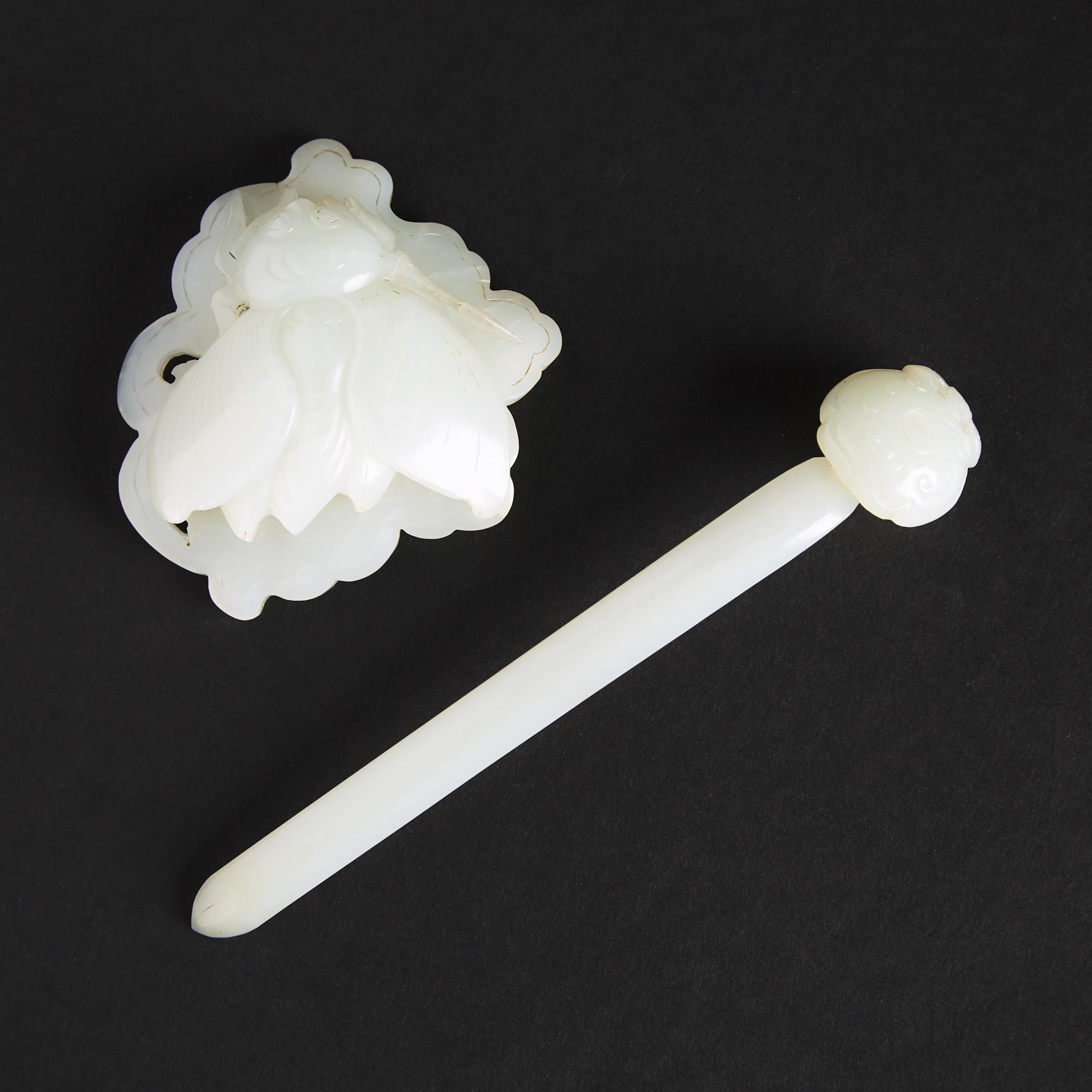 A White Jade Double-Butterfly Carving, together with a White Jade Hair Pin, Late Qing Dynasty