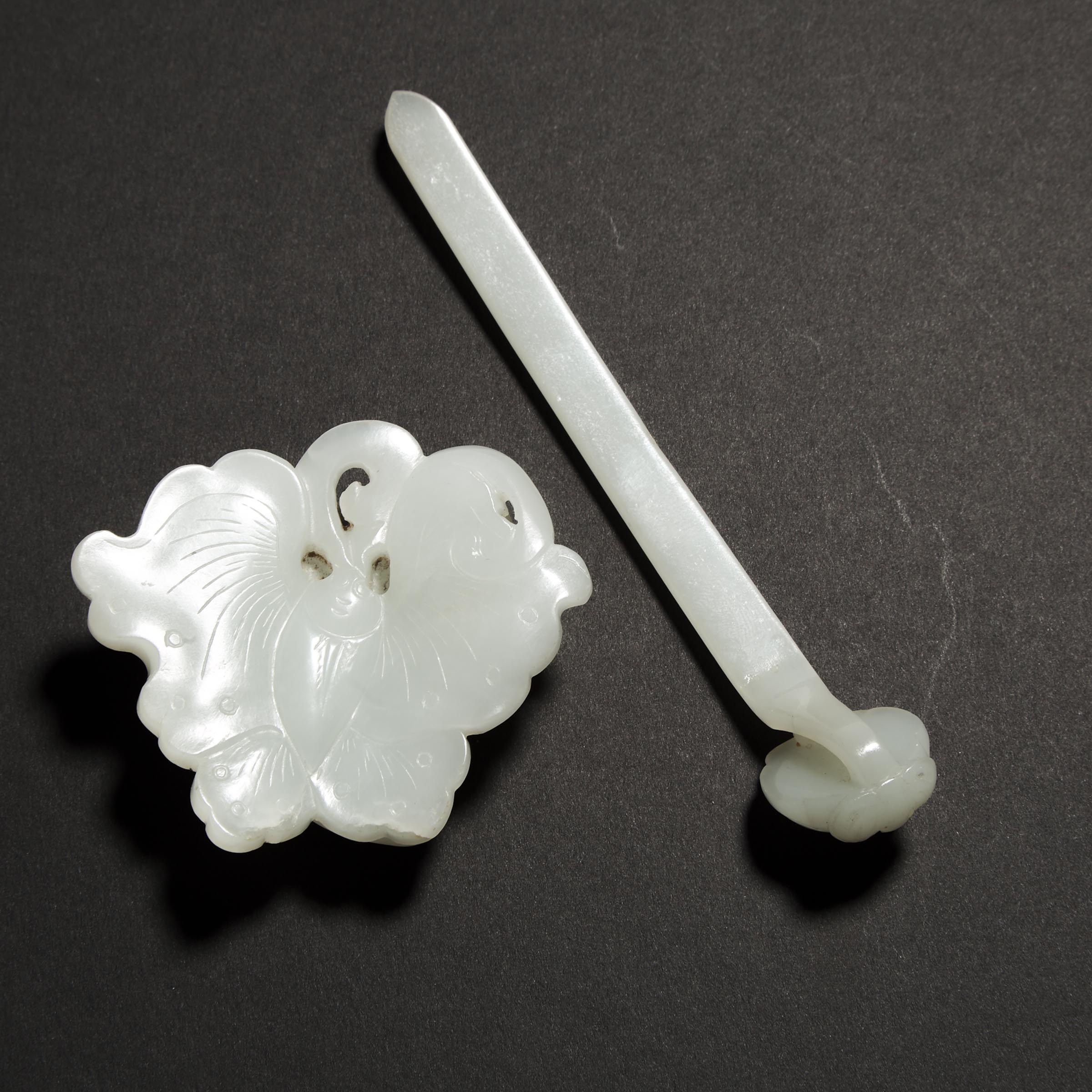 A White Jade Double-Butterfly Carving, together with a White Jade Hair Pin, Late Qing Dynasty