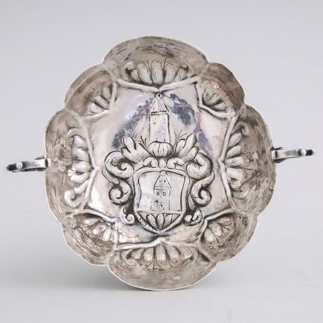 German Silver Two-Handled Lobed Oval Brandy Bowl, 18th century