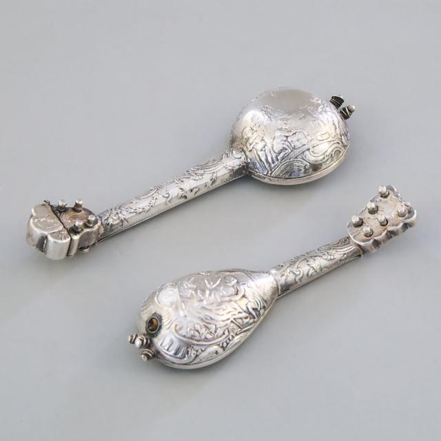 Two Dutch Silver Mandolin-Form Perfume Bottles, c.1900