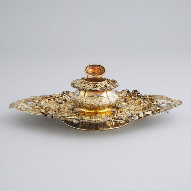 Continental Assembled 'Jewelled' Silver-Gilt Inkstand, probably German, 19th century