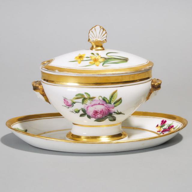 French Porcelain Botanical Covered Sauce Tureen, probably Niderviller, 19th century