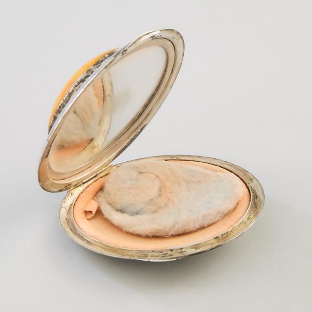 German Silver Circular Compact with Amber Cabochon, 20th century