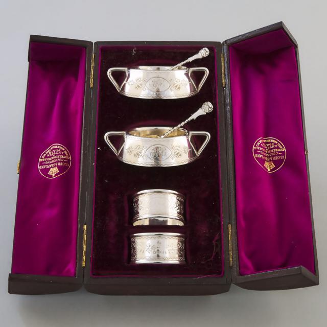Pair of Victorian Silver Salt Cellars with Spoons and a Pair of Napkin Rings, Martin & Hall, London and Sheffield, 1875