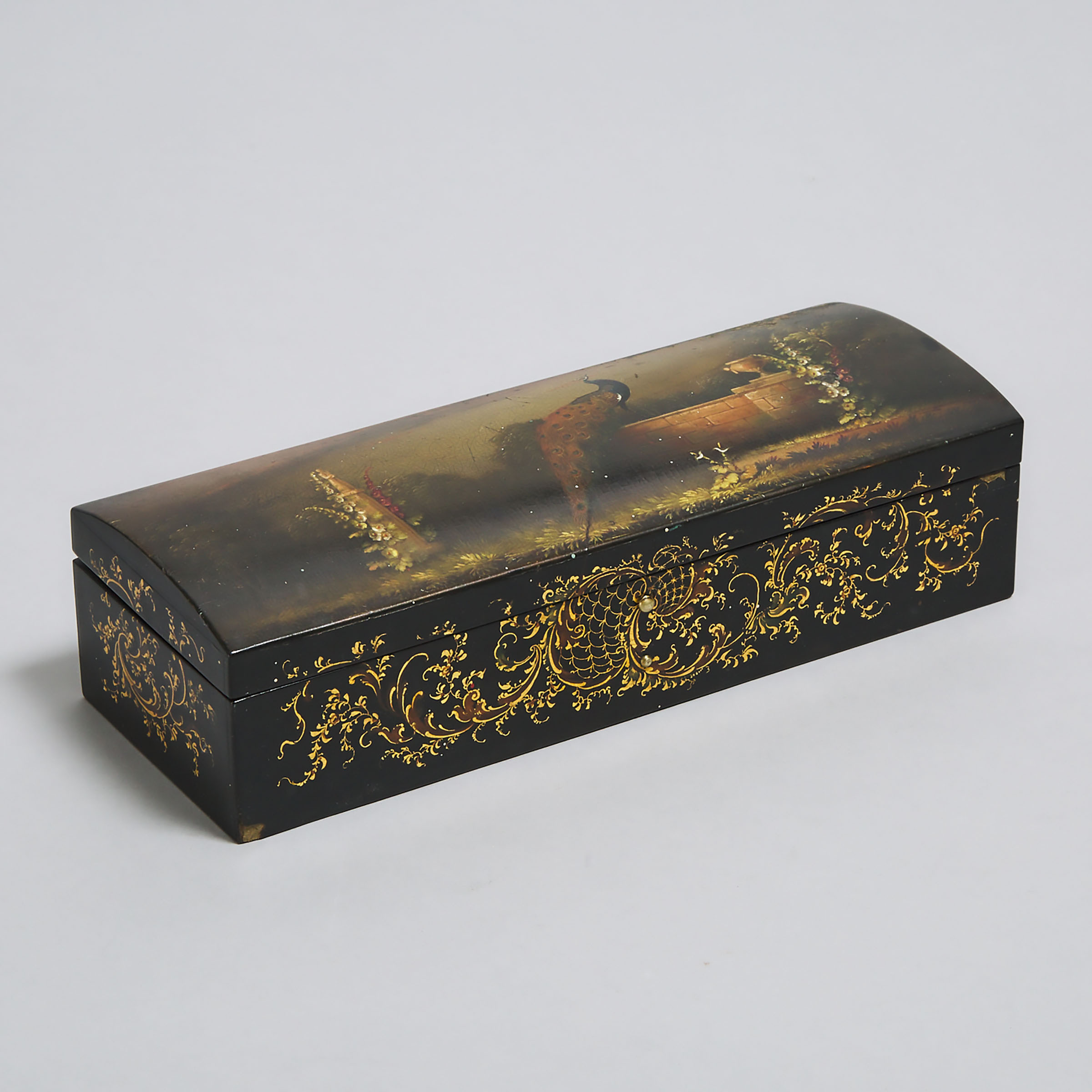 Jennens & Bettridge Painted Black Lacquer Papier Maché Glove Box, c.1870